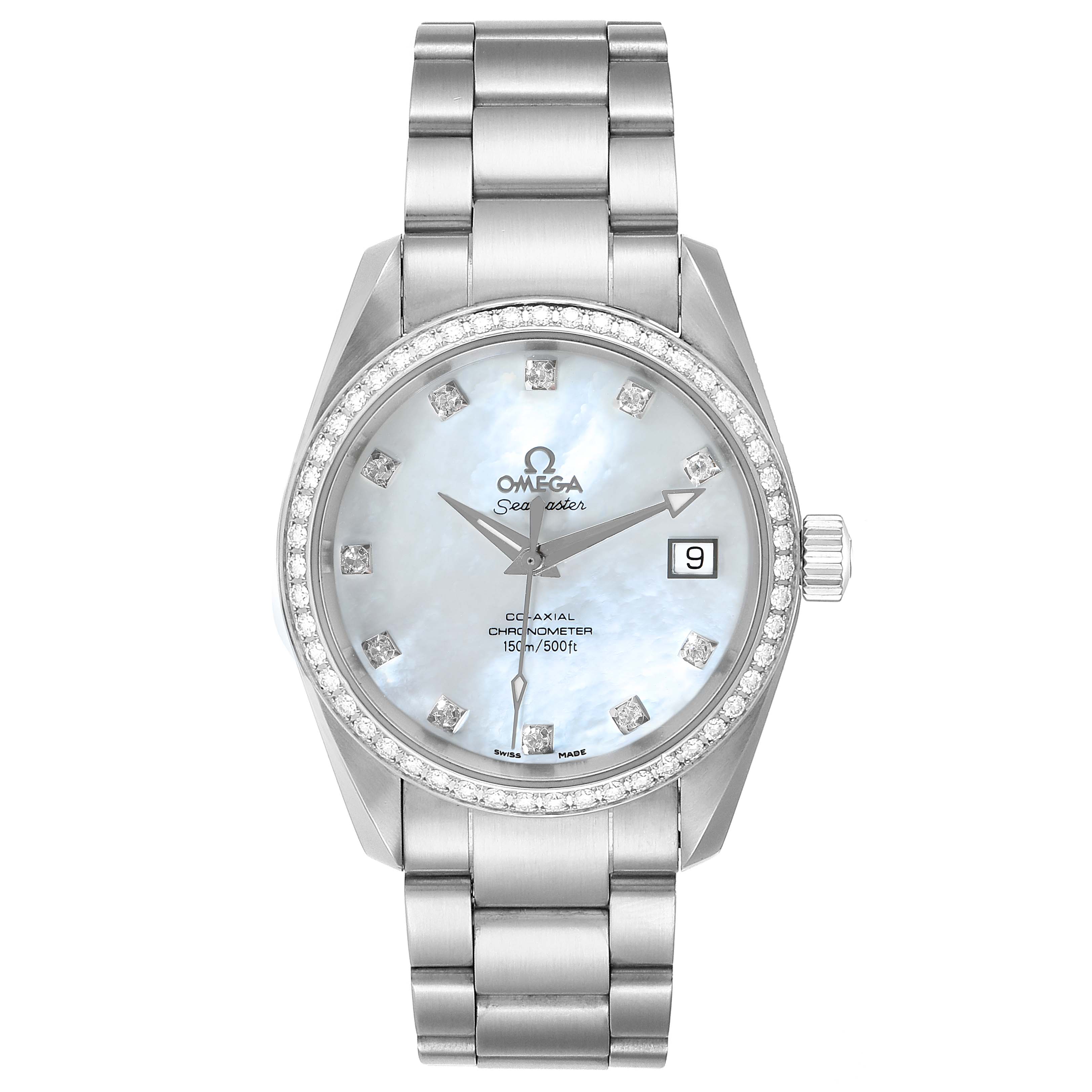 The Omega 2509.75.00 Women's Stainless Steel Mother of Pearl Dial 2509.75.00 Women's Stainless Steel Mother of Pearl Dial Aqua Terra 36 Steel MOP Diamond Ladies Watch 2509.75.00 is shown from a front angle, highlighting the face and bracelet.