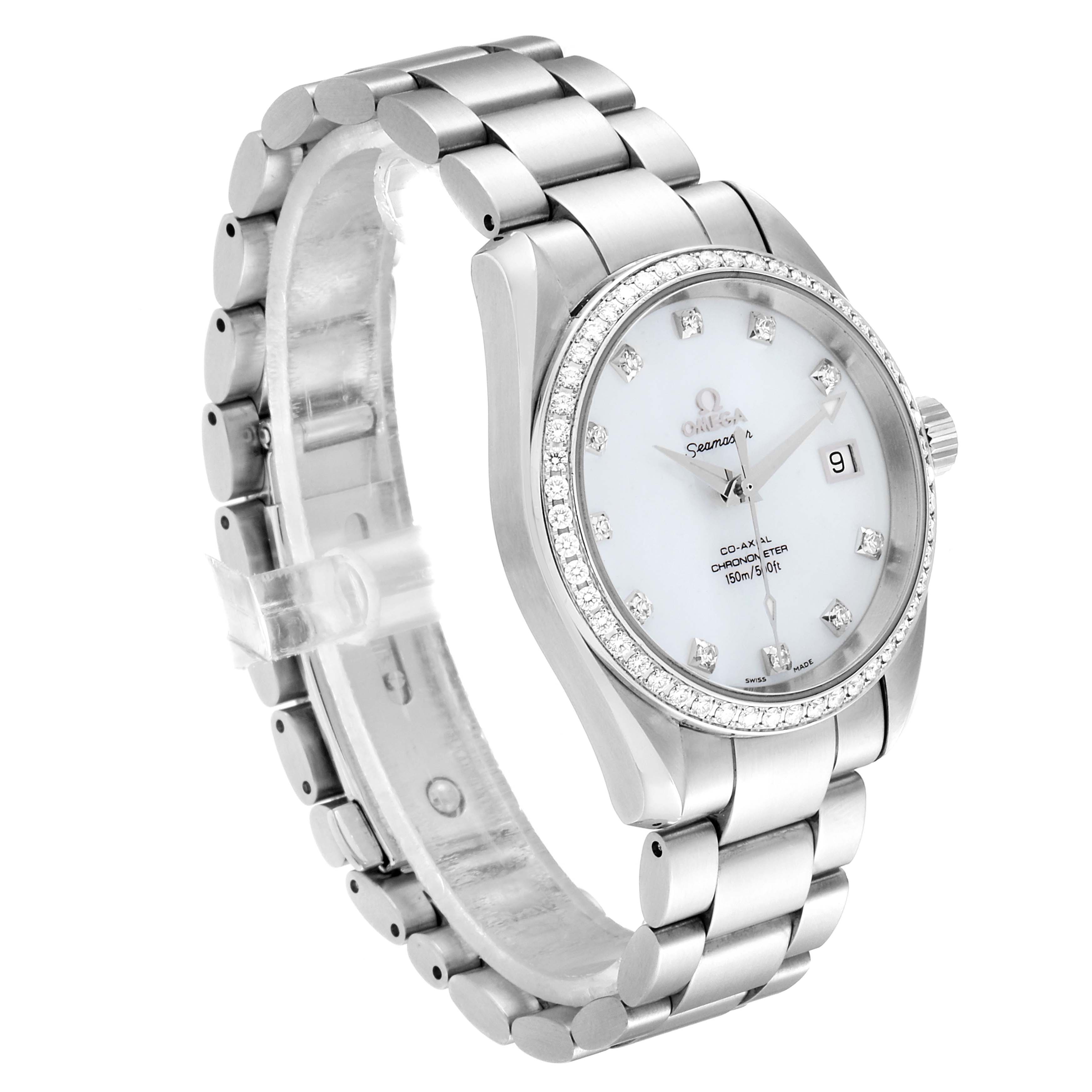 The Aqua Terra 36 Steel MOP Diamond Ladies Watch by Omega 2509.75.00 Women's Stainless Steel Mother of Pearl Dial 2509.75.00 Women's Stainless Steel Mother of Pearl Dial is shown at a 3/4 angle displaying the face, bezel, and part of the bracelet.