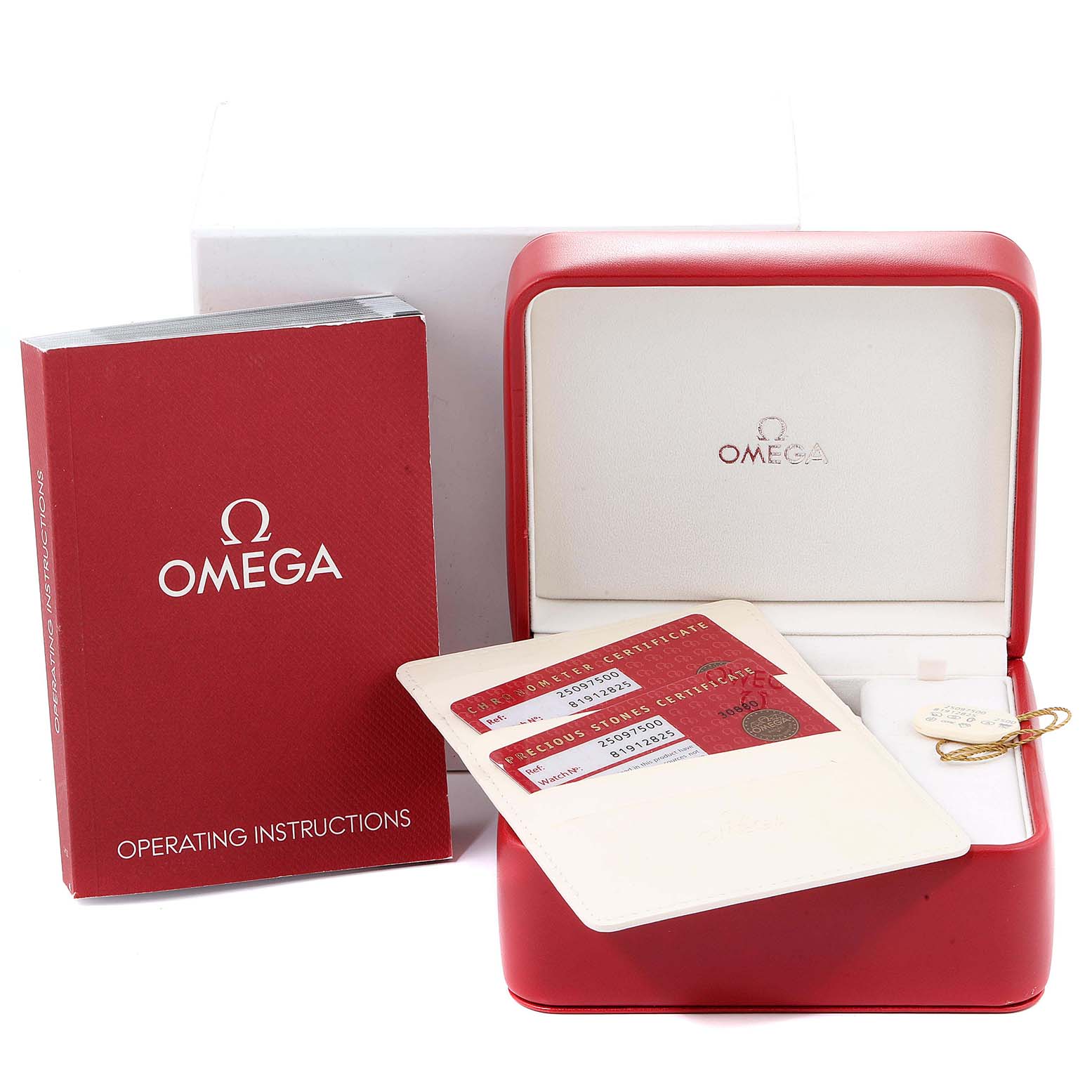 The image shows the Omega 2509.75.00 Women's Stainless Steel Mother of Pearl Dial 2509.75.00 Women's Stainless Steel Mother of Pearl Dial Aqua Terra 36 Steel MOP Diamond Ladies Watch 2509.75.00 box, card, and operating instructions.