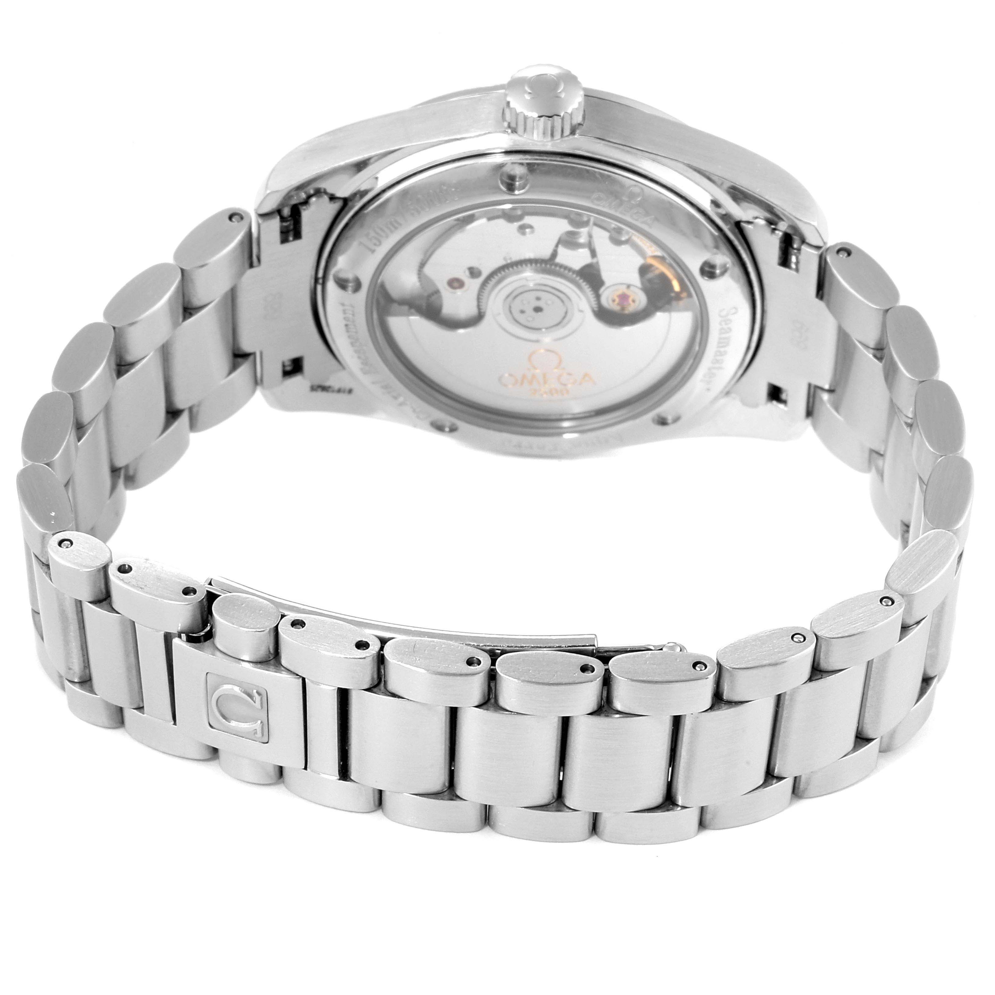 The image shows the back view of the Omega 2509.75.00 Women's Stainless Steel Mother of Pearl Dial 2509.75.00 Women's Stainless Steel Mother of Pearl Dial Aqua Terra 36 Steel MOP Diamond Ladies Watch 2509.75.00, highlighting its movement and bracelet.