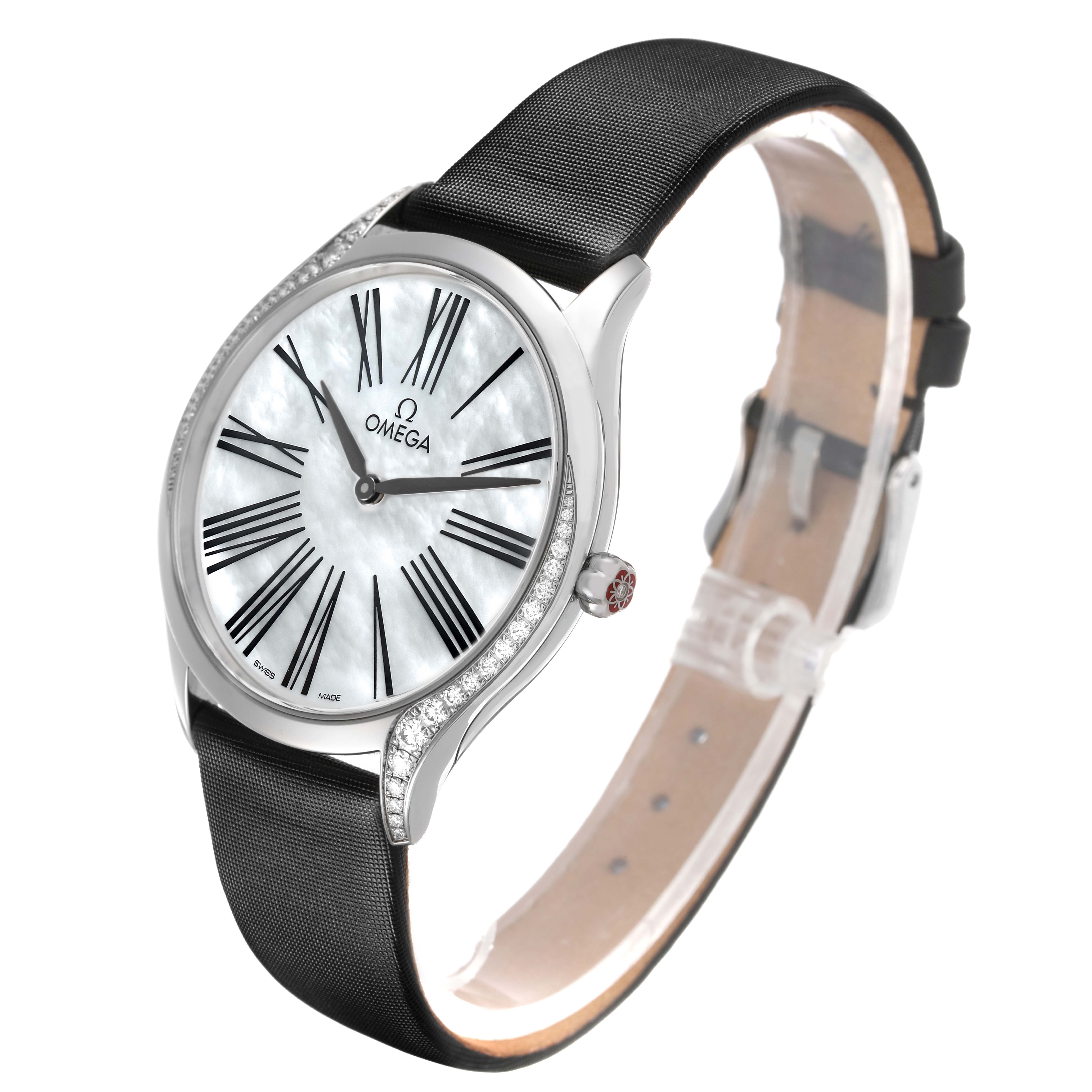 The Omega 428.17.36.60.05.001 Women's Stainless Steel Mother of Pearl Dial De Ville Tresor watch is shown at an angled view displaying the face, diamond details, and part of the black strap.
