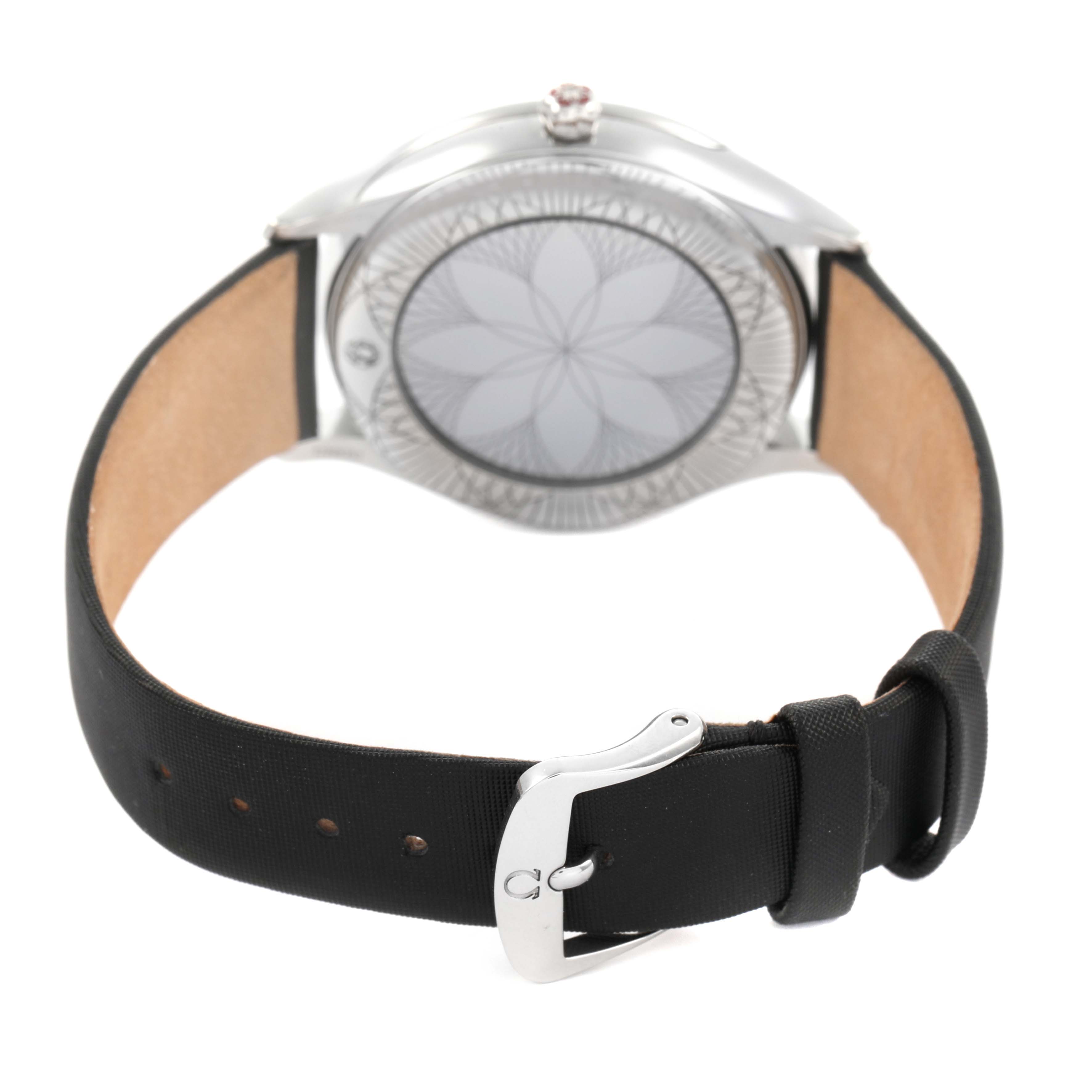 The Omega 428.17.36.60.05.001 Women's Stainless Steel Mother of Pearl Dial De Ville Tresor Steel Diamond MOP Ladies Watch is shown from the back, displaying the strap and buckle.
