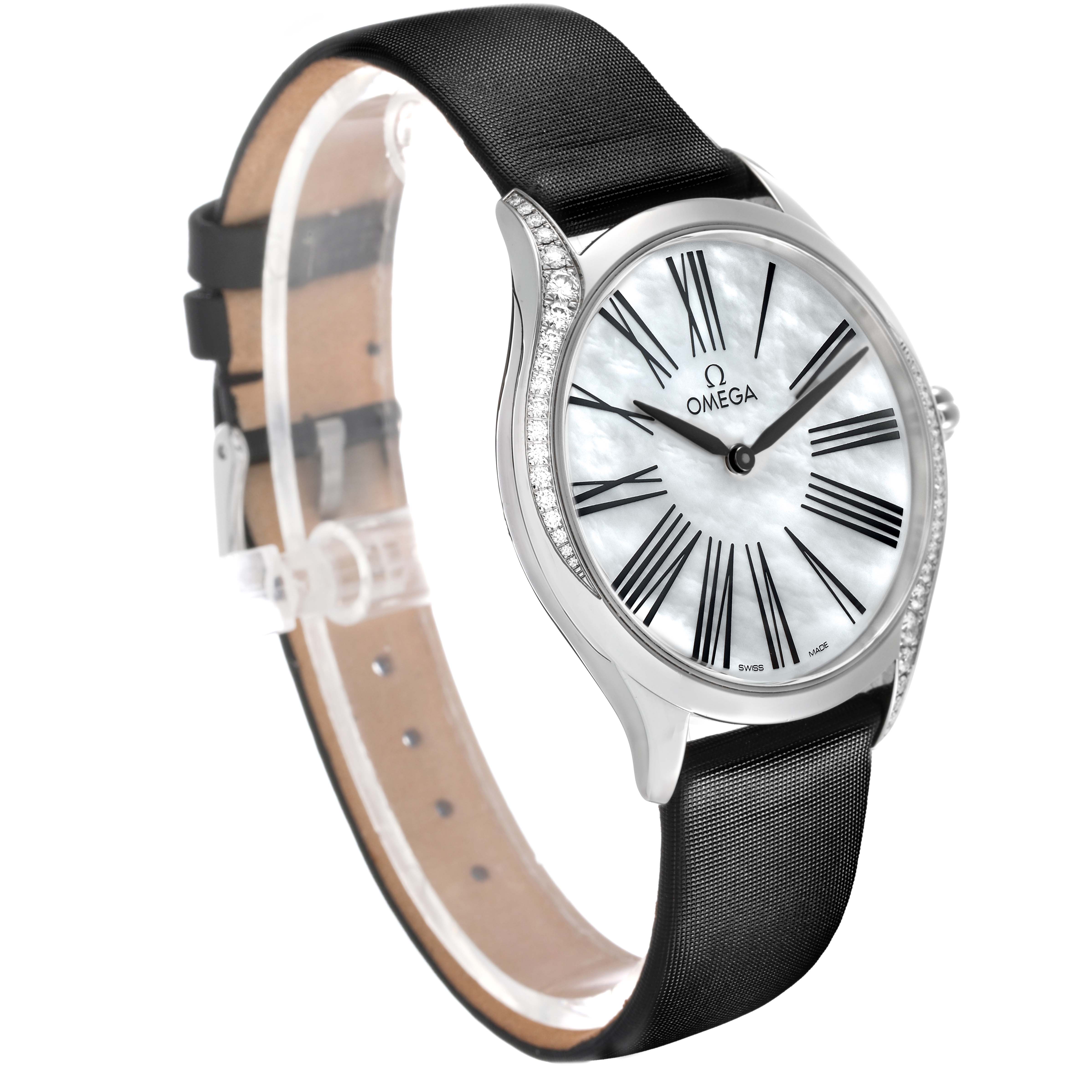 The Omega 428.17.36.60.05.001 Women's Stainless Steel Mother of Pearl Dial De Ville Tresor Steel Diamond MOP Ladies Watch is displayed at a three-quarter angle, showing the face, bezel, and strap.