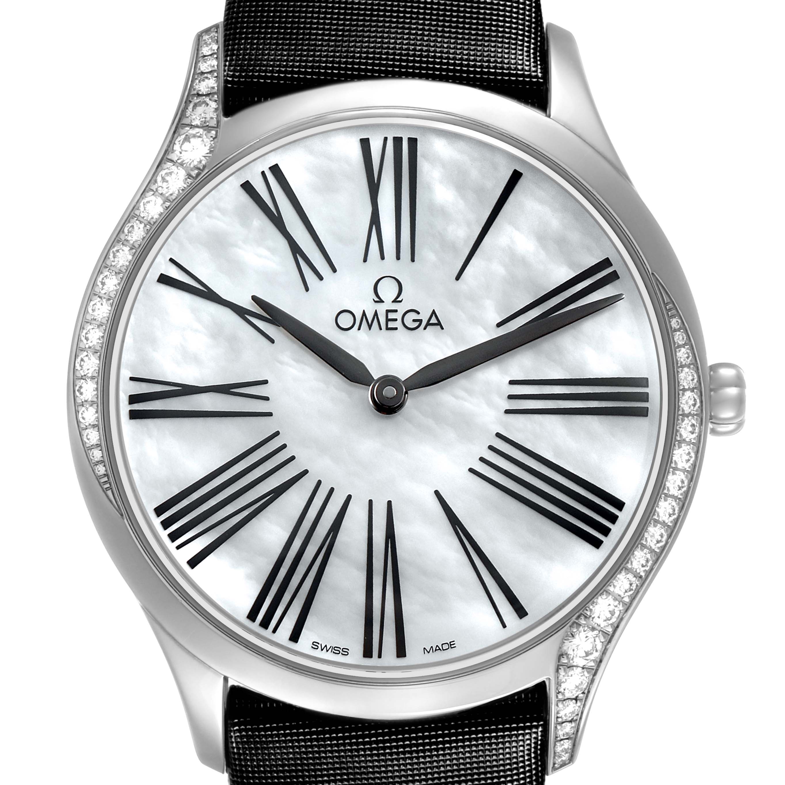 The Omega 428.17.36.60.05.001 Women's Stainless Steel Mother of Pearl Dial De Ville Tresor Steel Diamond MOP Ladies Watch is shown from a front angle, highlighting its dial and diamond-set bezel.