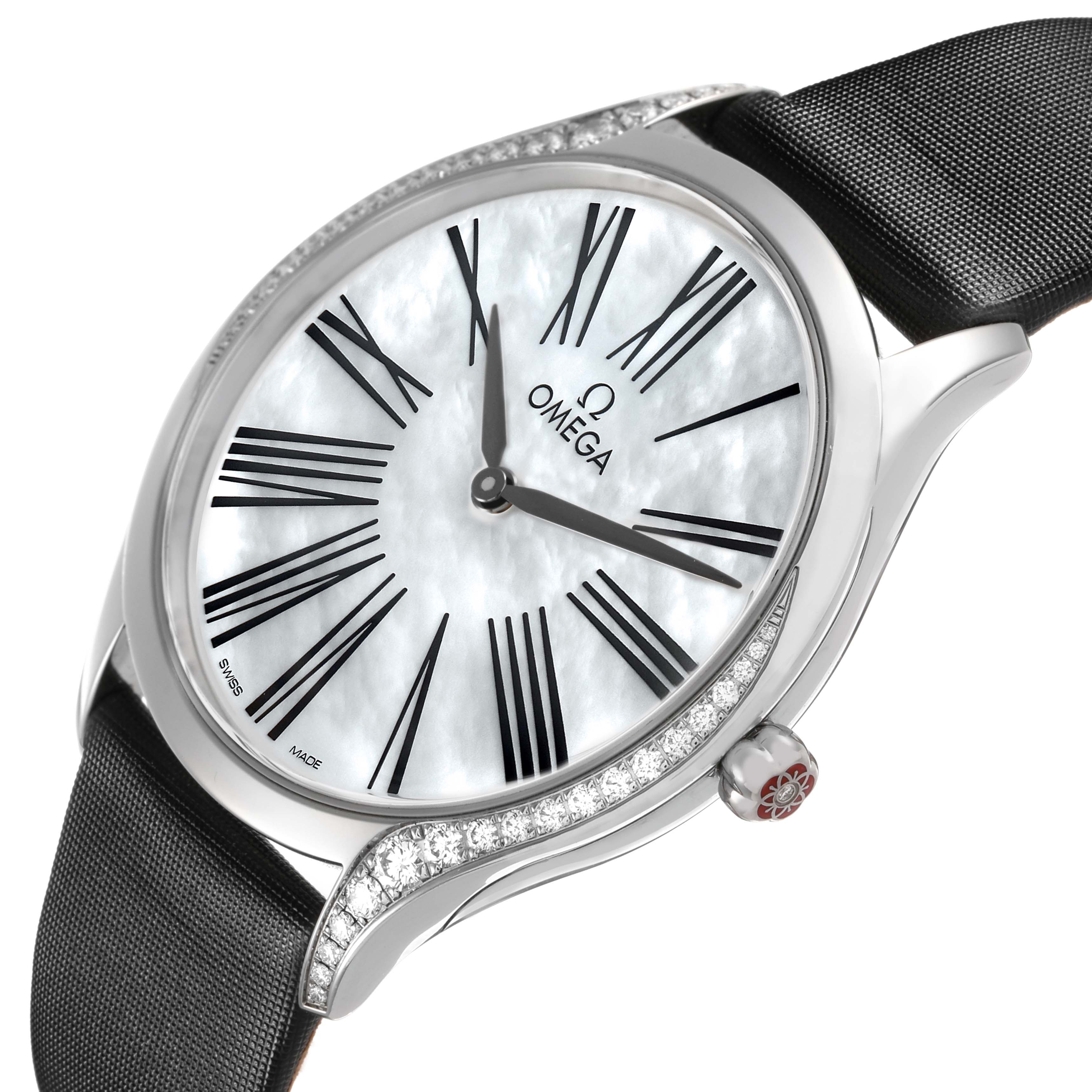 The Omega 428.17.36.60.05.001 Women's Stainless Steel Mother of Pearl Dial De Ville Tresor watch is shown at a tilted angle, highlighting the dial, bezel, and strap.