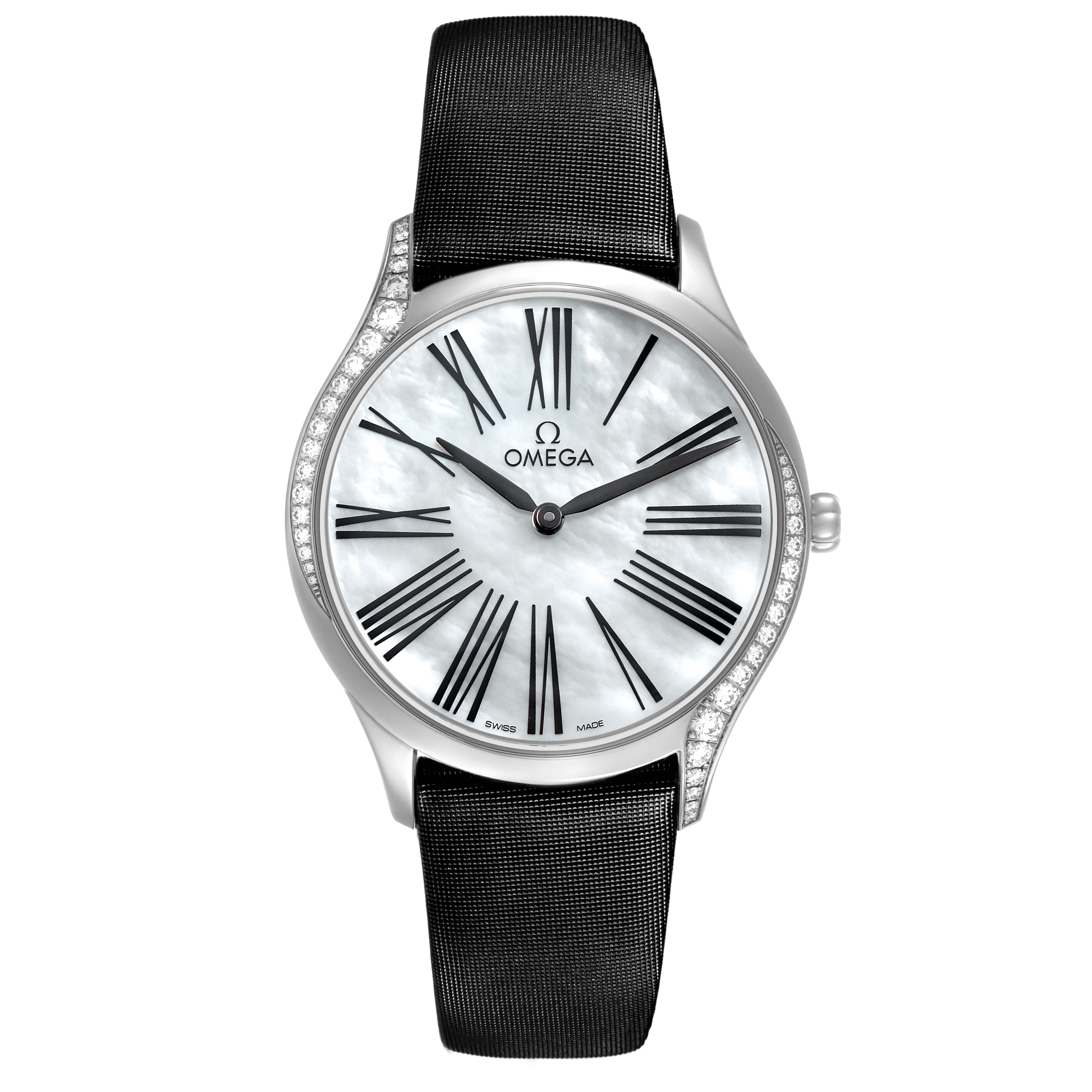 The Omega 428.17.36.60.05.001 Women's Stainless Steel Mother of Pearl Dial De Ville Tresor watch is shown from the front, featuring its dial, Roman numerals, diamond-set bezel, and strap.