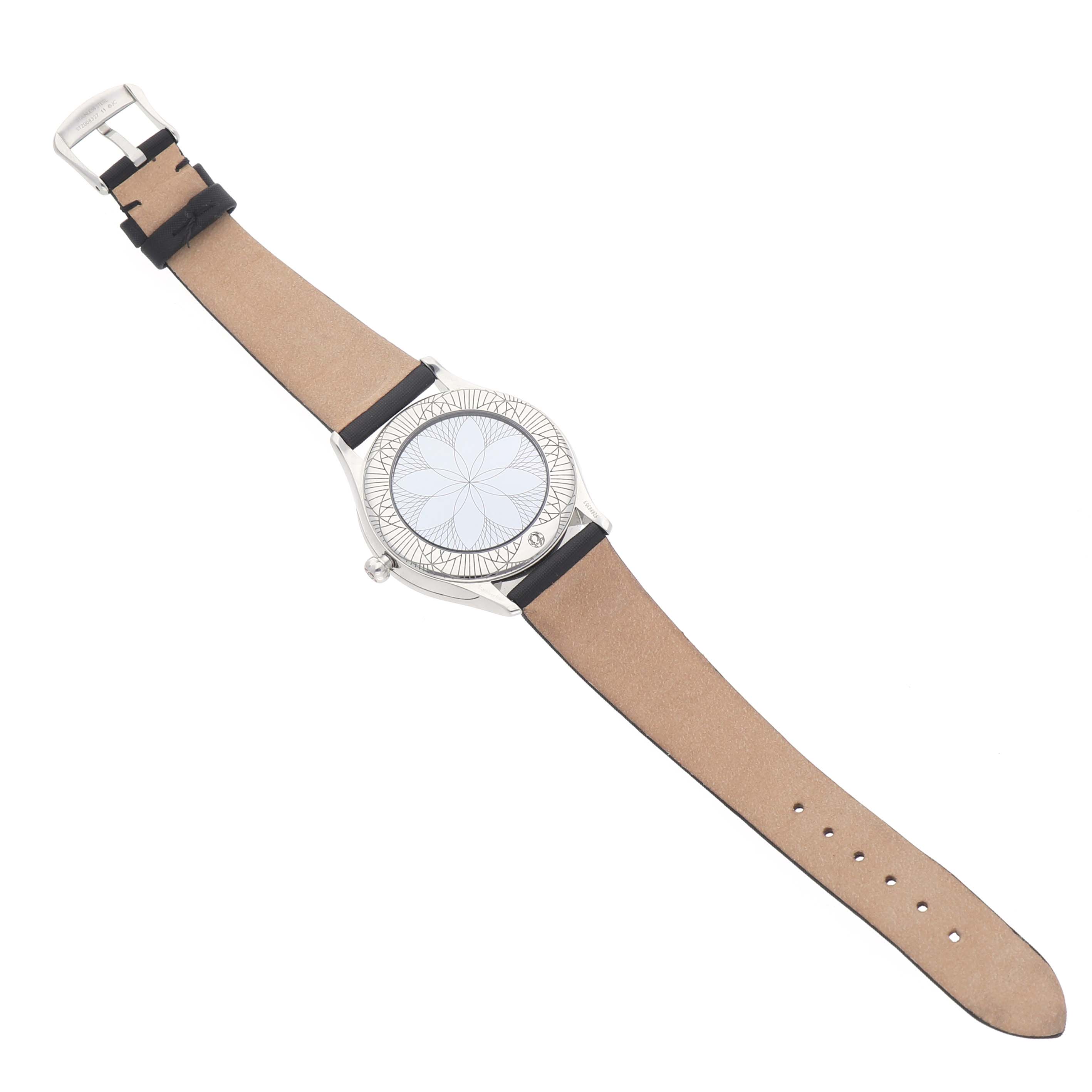 The Omega 428.17.36.60.05.001 Women's Stainless Steel Mother of Pearl Dial De Ville Tresor Steel Diamond MOP Ladies Watch is shown from above, displaying its face, bezel, and full strap.