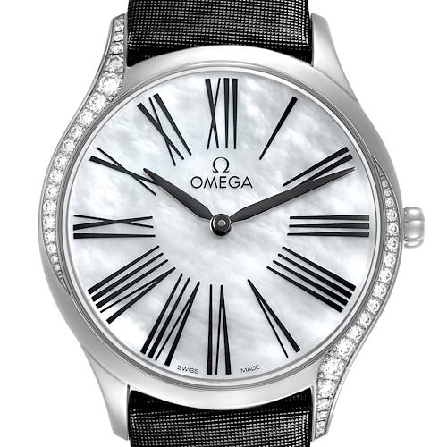 The Omega 428.17.36.60.05.001 Women's Stainless Steel Mother of Pearl Dial De Ville Tresor Steel Diamond MOP Ladies Watch is shown from a front angle, highlighting the dial and diamond-accented bezel.