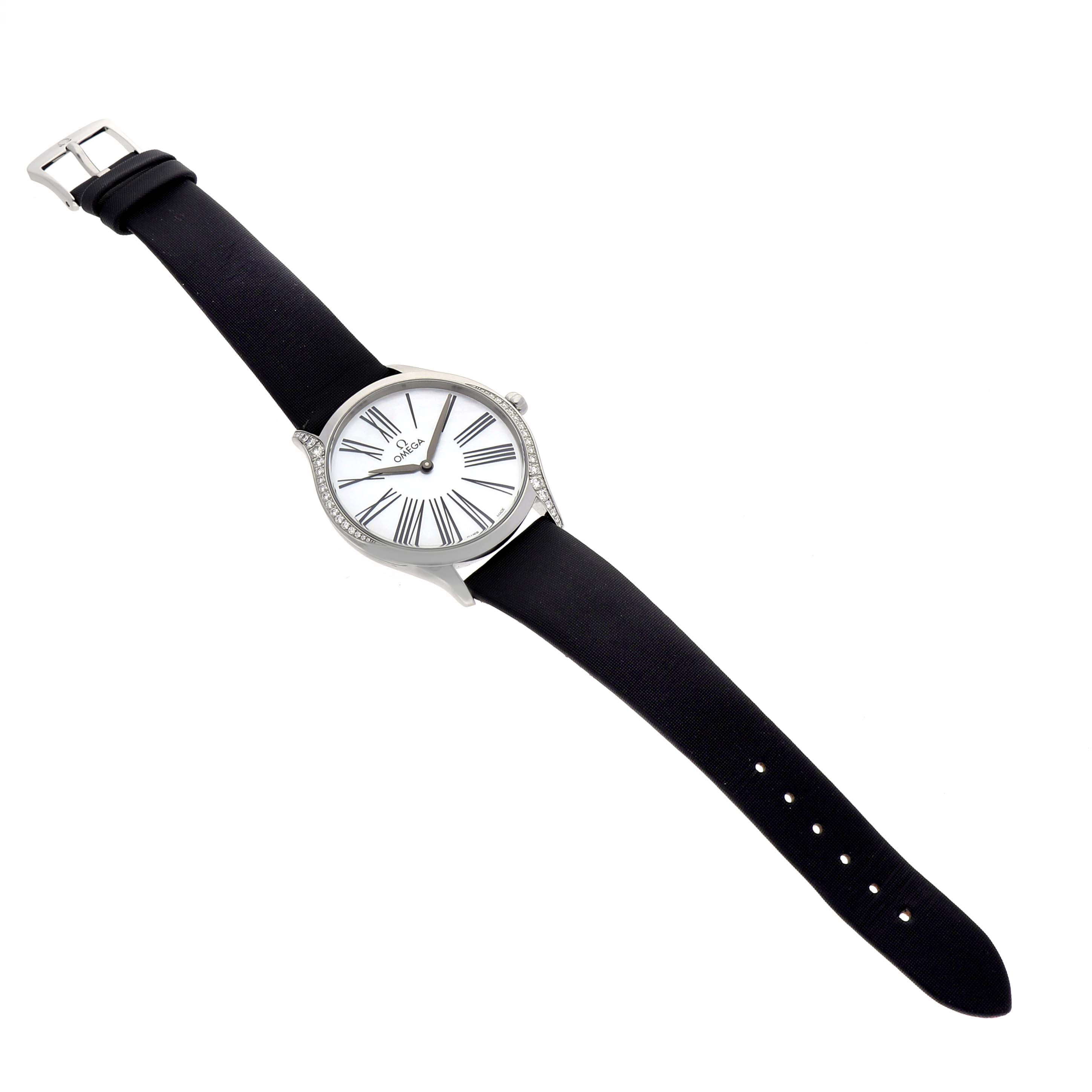 The Omega 428.17.36.60.05.001 Women's Stainless Steel Mother of Pearl Dial De Ville Tresor watch is shown at a slight angle, displaying the full face, strap, and diamond-accented bezel.