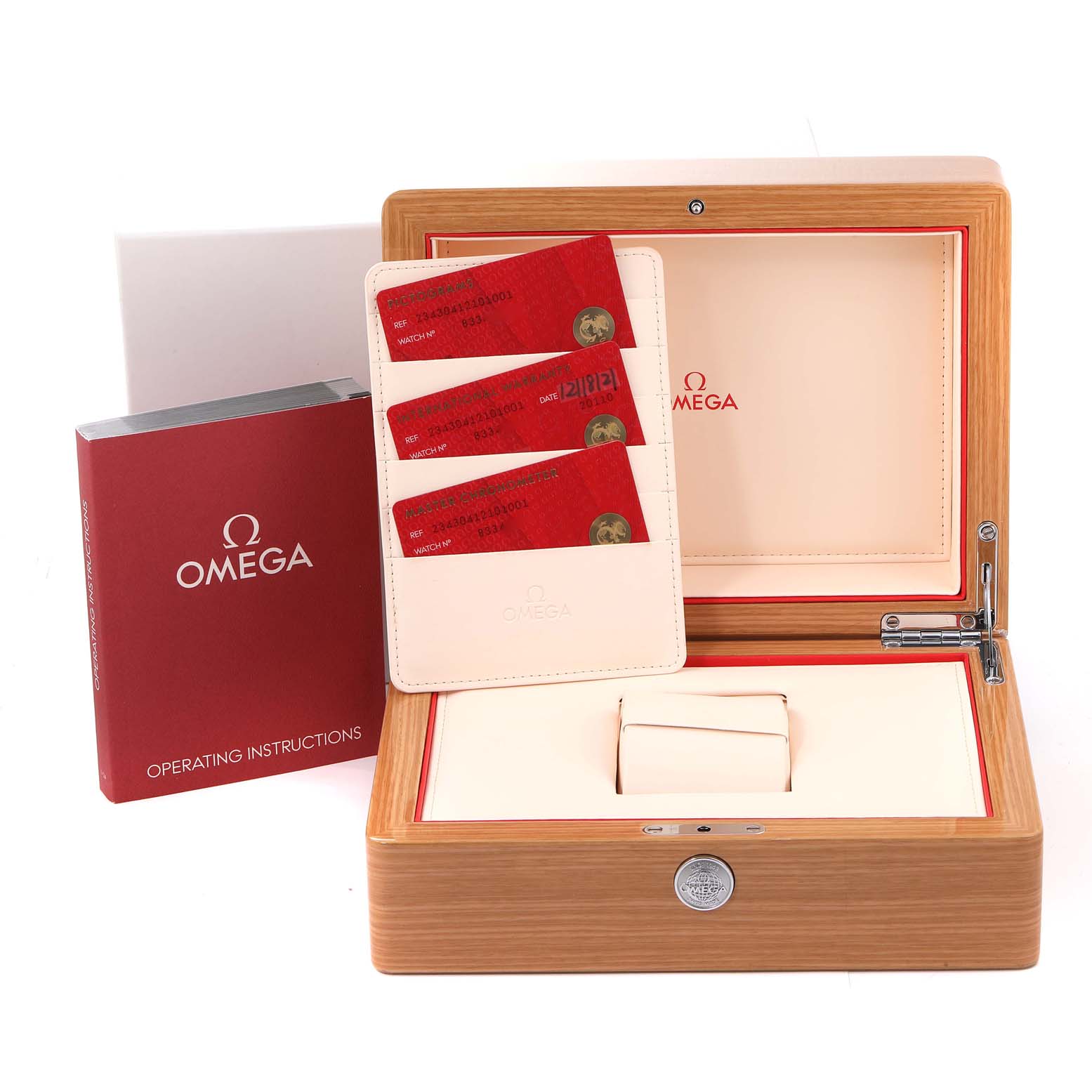 The image shows an Omega Seamaster 234.30.41.21.01.001 Men's Stainless Steel Black Dial 234.30.41.21.01.001 Men's Stainless Steel Black Dial watch box, operating instructions booklet, and authenticity cards.