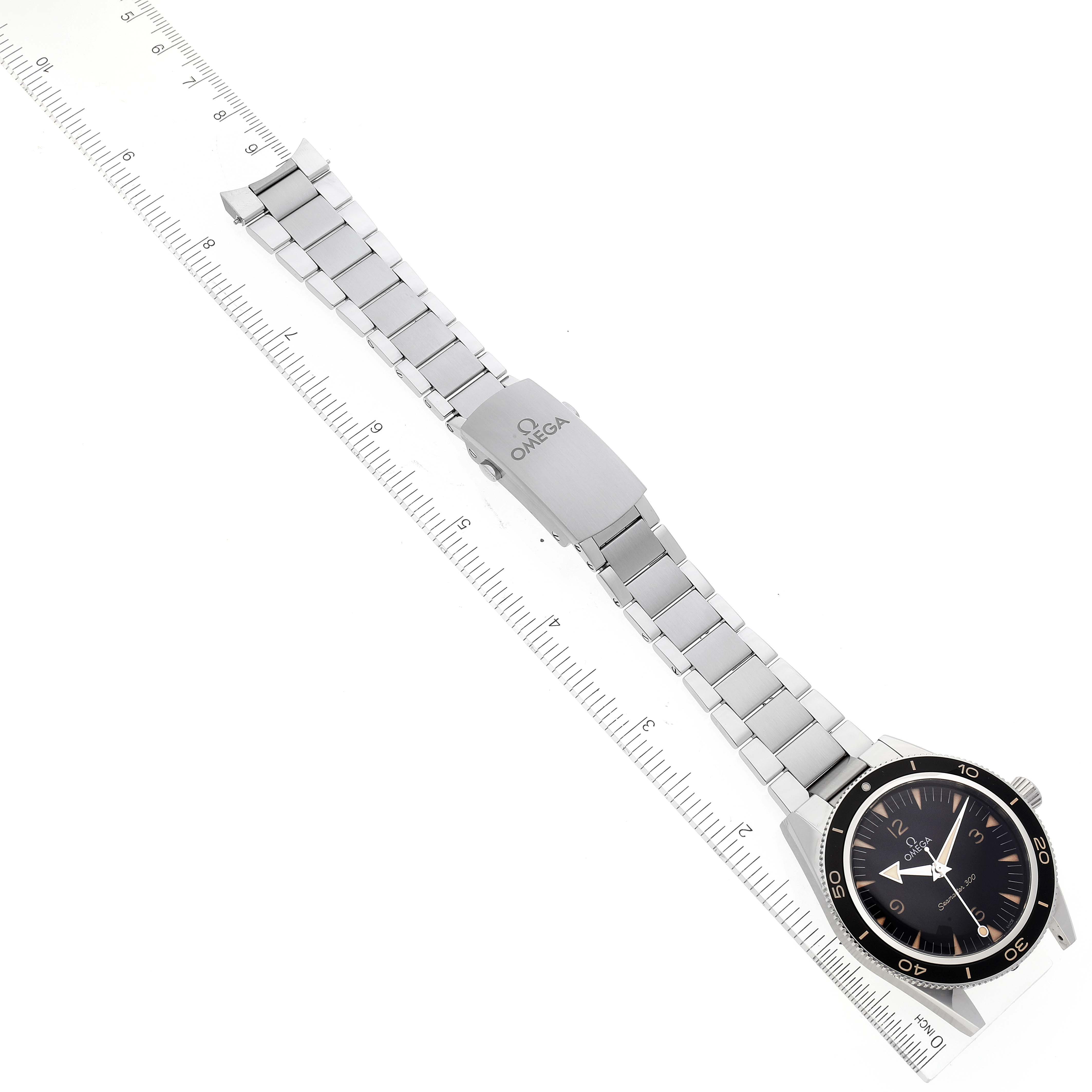 The image shows an Omega Seamaster 234.30.41.21.01.001 Men's Stainless Steel Black Dial 234.30.41.21.01.001 Men's Stainless Steel Black Dial watch laid flat, displaying its face, bezel, bracelet, and clasp.