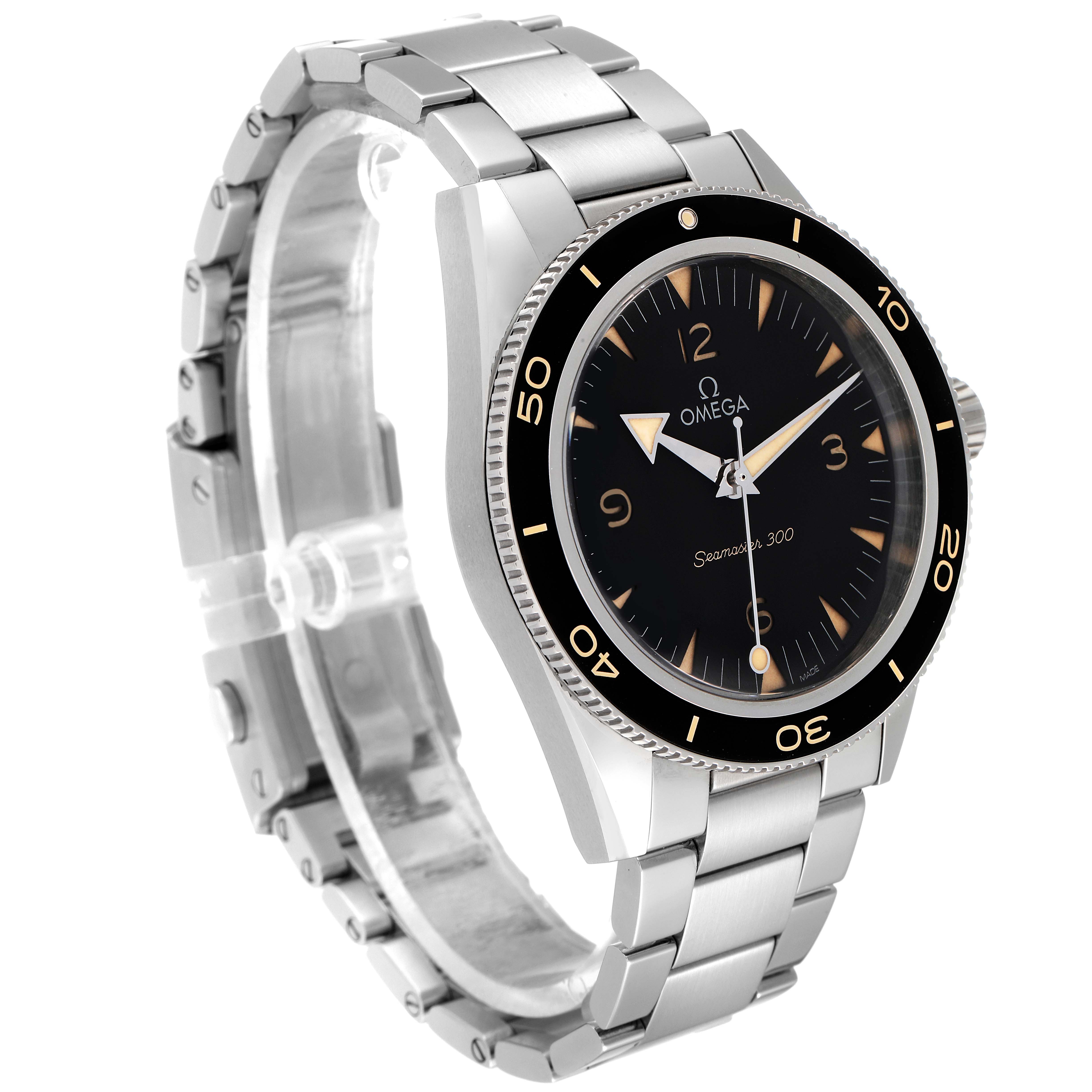 The image shows a side-angle view of an Omega Seamaster 234.30.41.21.01.001 Men's Stainless Steel Black Dial 234.30.41.21.01.001 Men's Stainless Steel Black Dial watch, featuring the watch face and stainless steel bracelet.