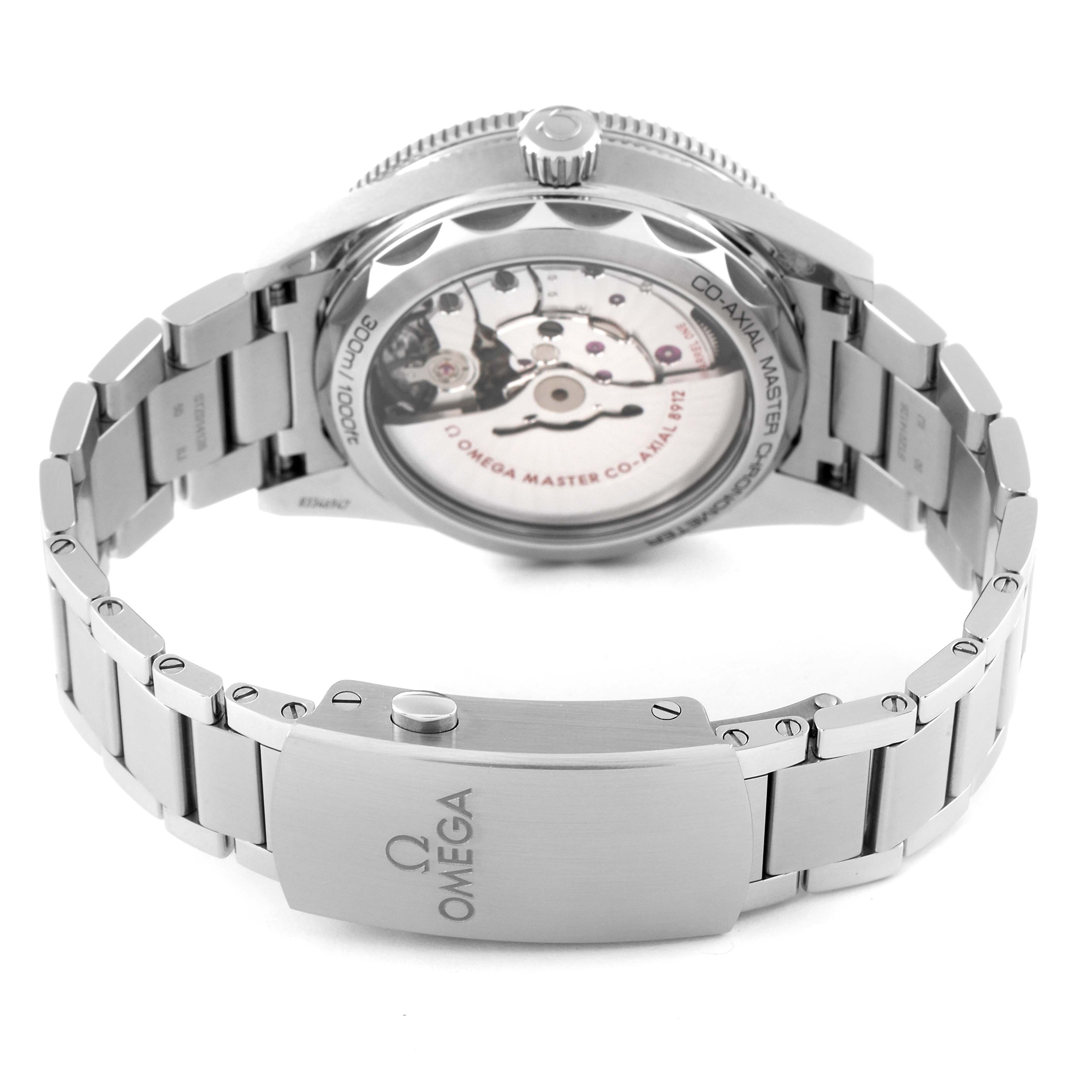 The image shows the back and clasp of an Omega Seamaster 234.30.41.21.01.001 Men's Stainless Steel Black Dial 234.30.41.21.01.001 Men's Stainless Steel Black Dial watch, highlighting its movement and bracelet.