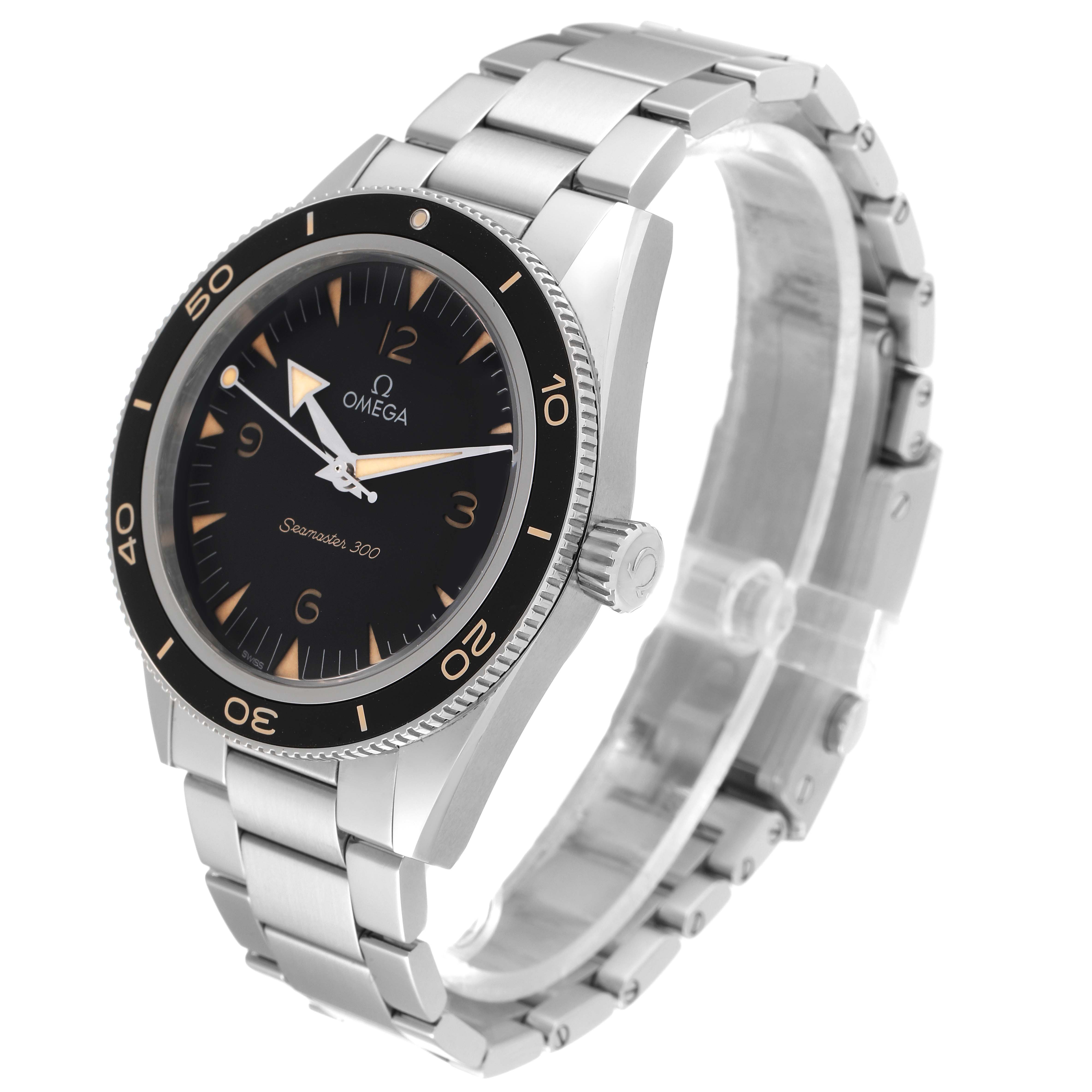 The Omega Seamaster 234.30.41.21.01.001 Men's Stainless Steel Black Dial 234.30.41.21.01.001 Men's Stainless Steel Black Dial watch is shown at a three-quarter angle featuring the face, bezel, crown, and bracelet.