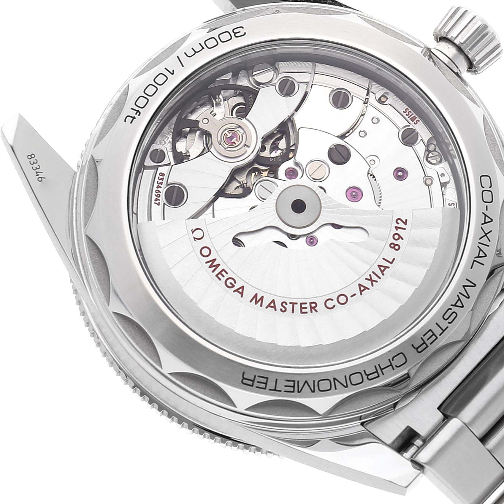 The image shows the back view of the Omega Seamaster 234.30.41.21.01.001 Men's Stainless Steel Black Dial 234.30.41.21.01.001 Men's Stainless Steel Black Dial watch, focusing on its exposed movement and "Omega Master Co-Axial 8912" inscription.