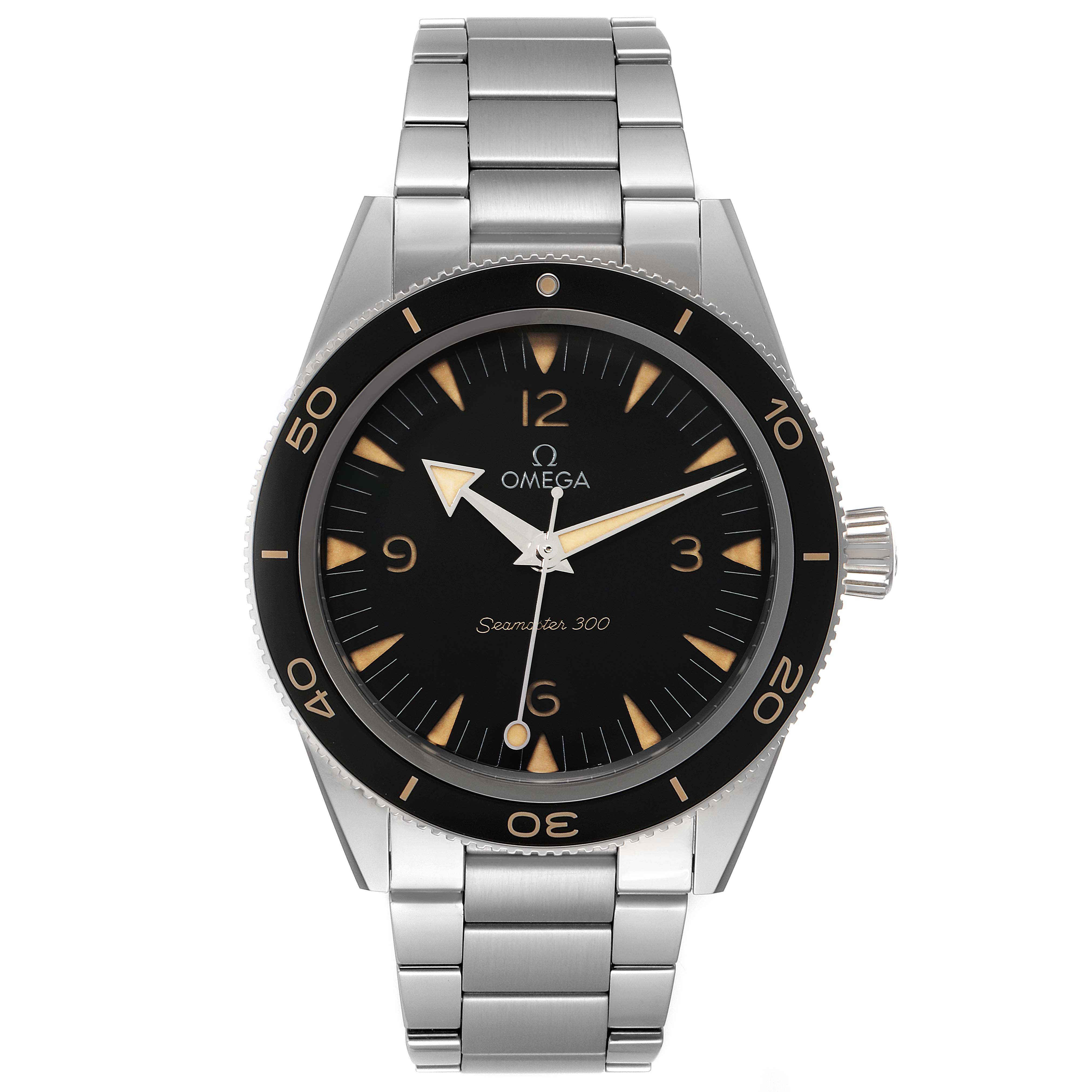 The image shows a frontal view of an Omega Seamaster 234.30.41.21.01.001 Men's Stainless Steel Black Dial 234.30.41.21.01.001 Men's Stainless Steel Black Dial 300, displaying its dial, bezel, crown, and stainless steel bracelet.