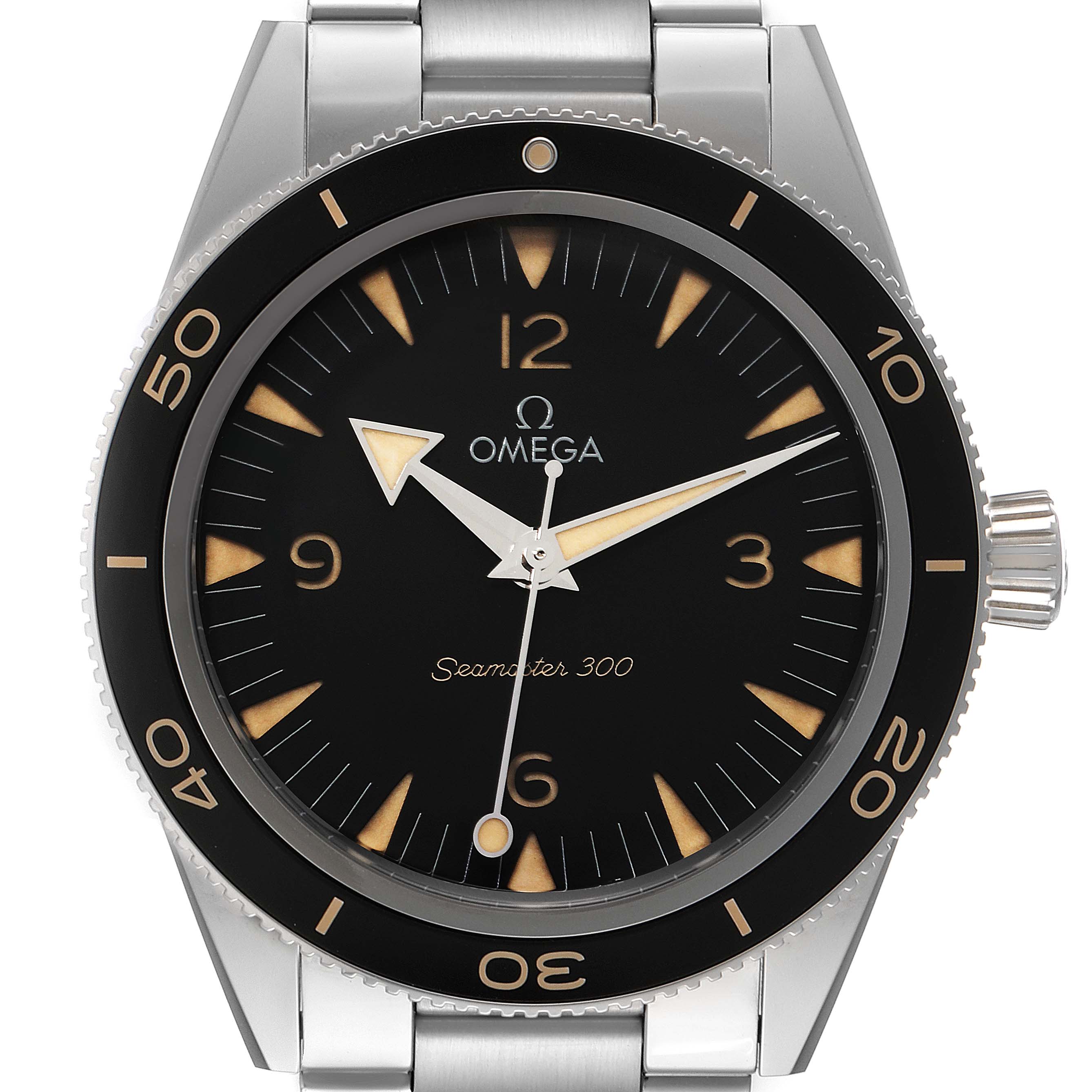 The Omega Seamaster 234.30.41.21.01.001 Men's Stainless Steel Black Dial 234.30.41.21.01.001 Men's Stainless Steel Black Dial 300 watch is shown from a top-down angle, highlighting its black dial, bezel, and stainless steel bracelet.