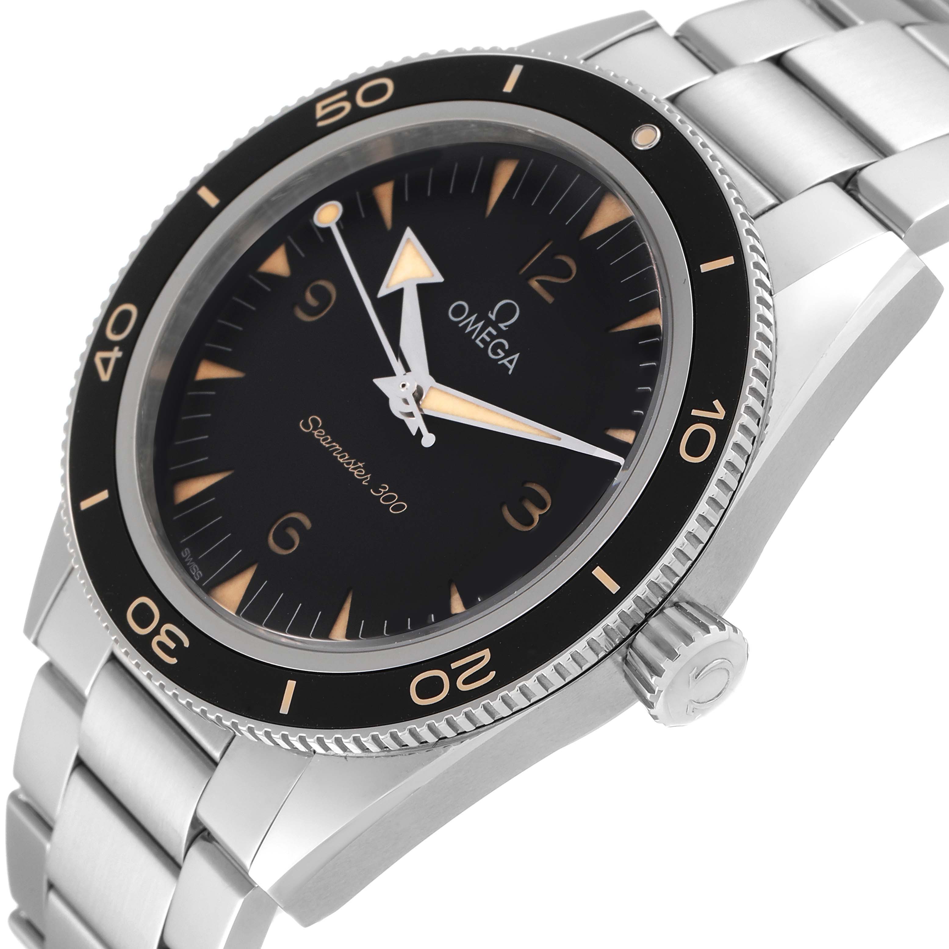 The image shows an Omega Seamaster 234.30.41.21.01.001 Men's Stainless Steel Black Dial 234.30.41.21.01.001 Men's Stainless Steel Black Dial 300 watch from an angled side view highlighting the dial, bezel, crown, and bracelet.