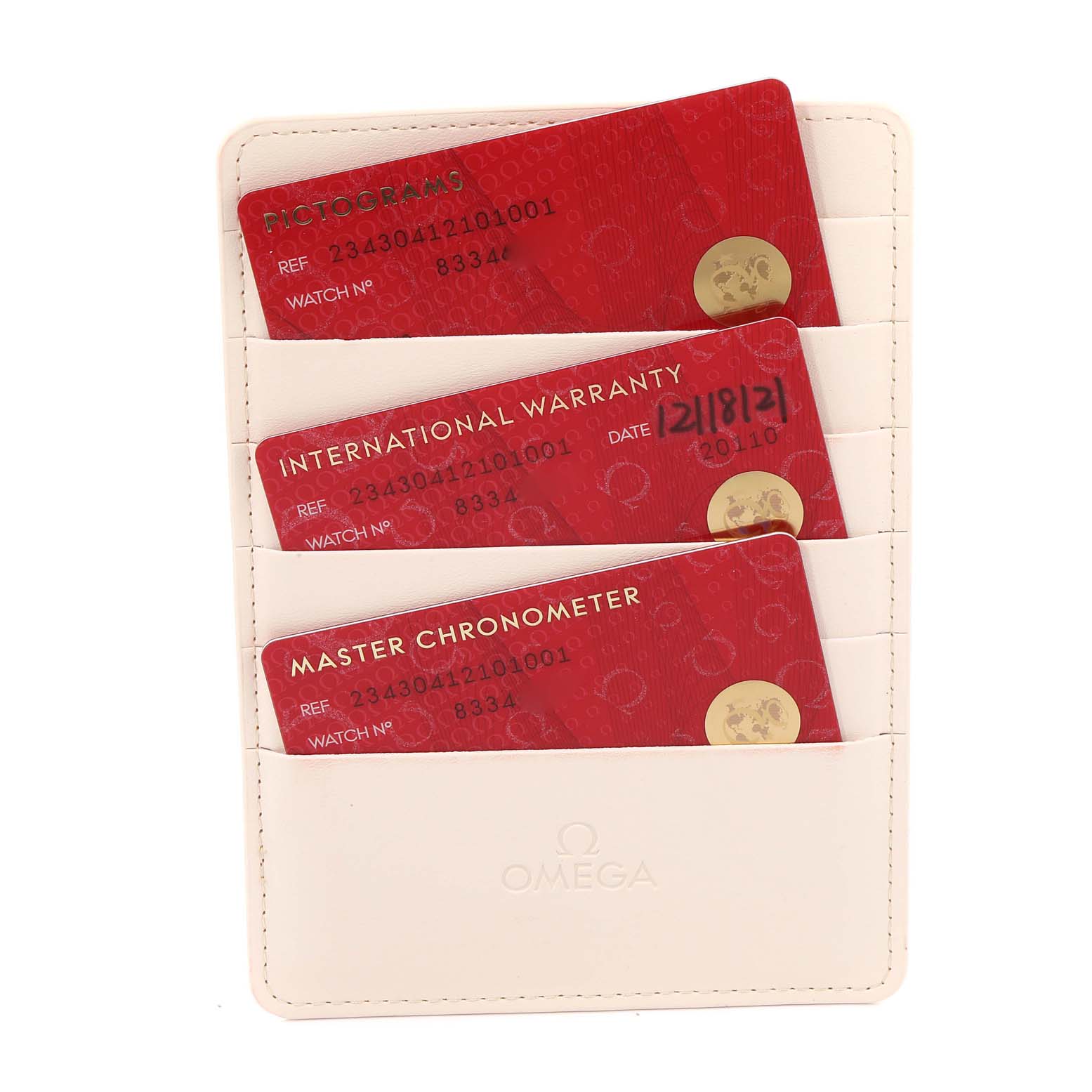 The image shows an Omega Seamaster 234.30.41.21.01.001 Men's Stainless Steel Black Dial 234.30.41.21.01.001 Men's Stainless Steel Black Dial accessory: a cardholder containing the watch's pictograms, international warranty, and master chronometer cards.