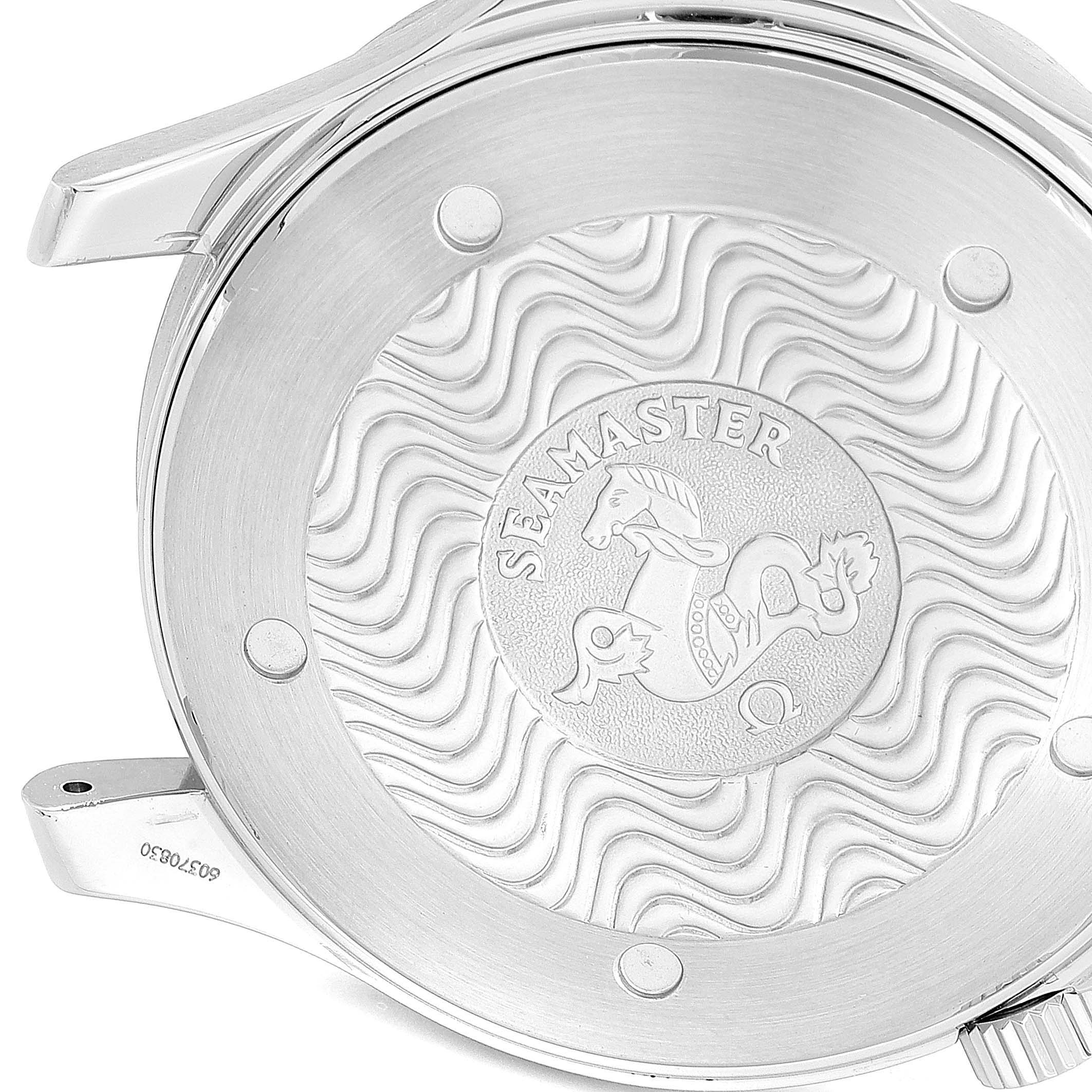 This image shows the back case of an Omega Seamaster 2255.80.00 Men
s Stainless Steel Blue Dial 2255.80.00 Men
s Stainless Steel Blue Dial watch, featuring the engraved logo and wave pattern.