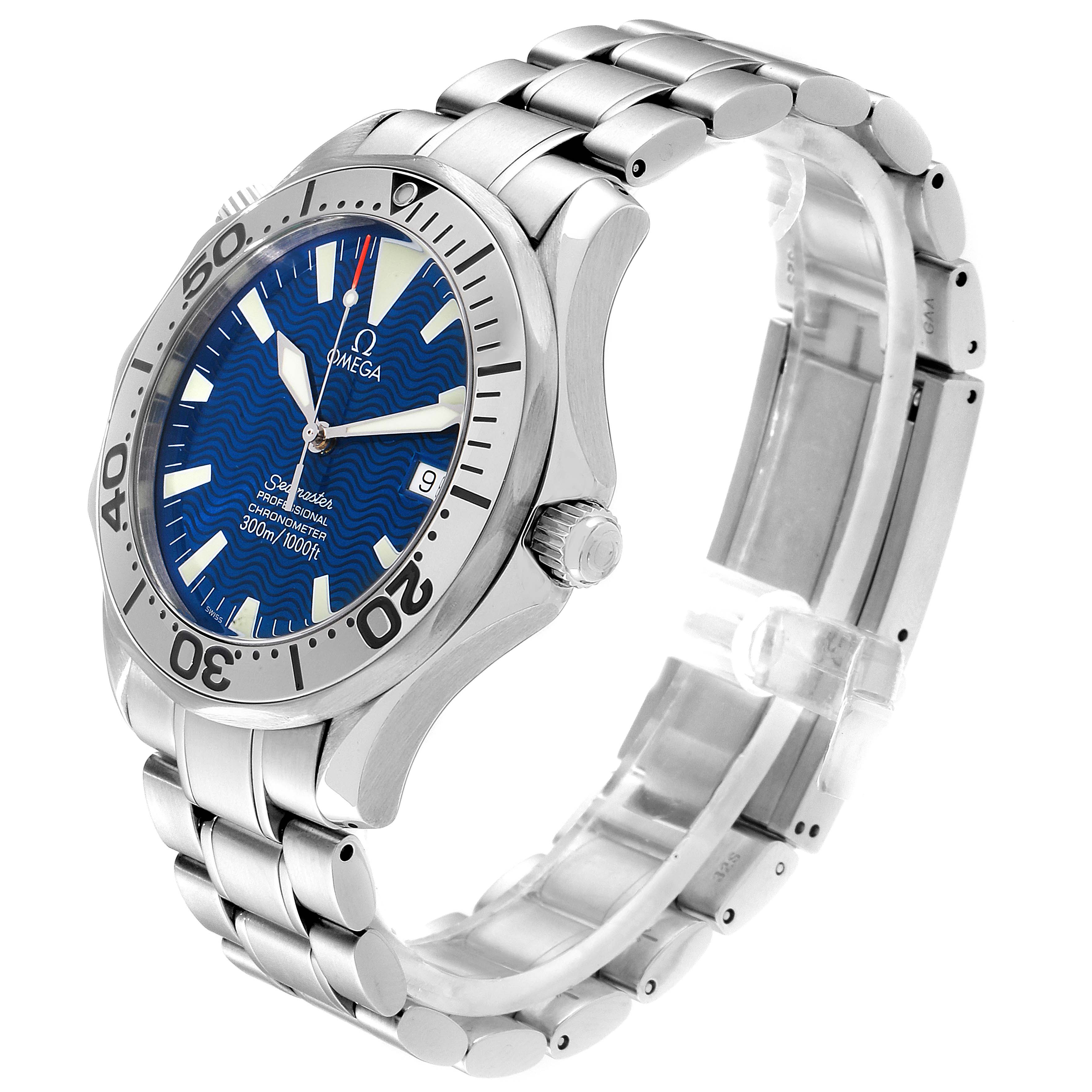 The Omega Seamaster 2255.80.00 Men
s Stainless Steel Blue Dial 2255.80.00 Men
s Stainless Steel Blue Dial watch is shown from an oblique angle, displaying its face, bezel, and bracelet.
