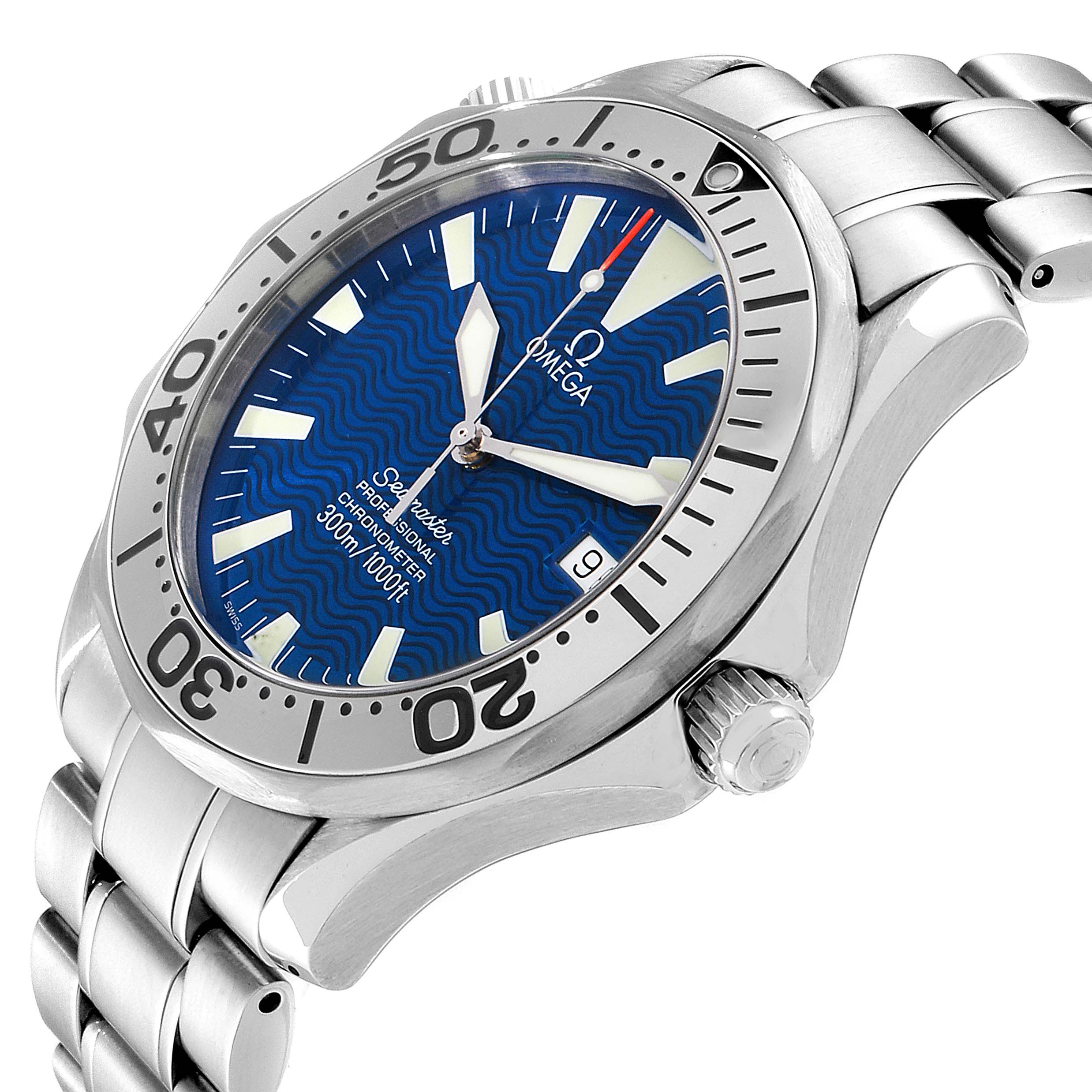 The image shows an angled view of the Omega Seamaster 2255.80.00 Men
s Stainless Steel Blue Dial 2255.80.00 Men
s Stainless Steel Blue Dial watch, highlighting its blue dial, bezel, stainless steel band, and crown.