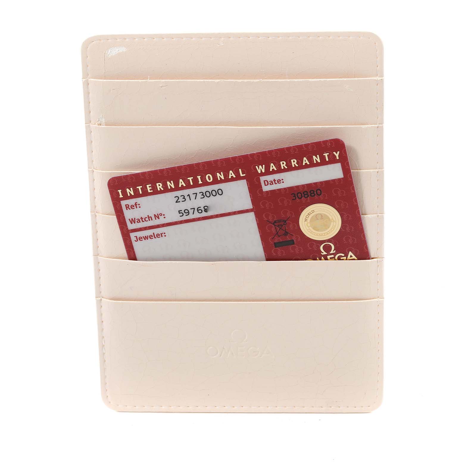 The image shows an International Warranty card for the Omega Aqua Terra 2317.30.00 Men's Steel and Gold (two tone) Silver Dial 2317.30.00 Men's Steel and Gold (two tone) Silver Dial watch model placed in a cream-colored cardholder.