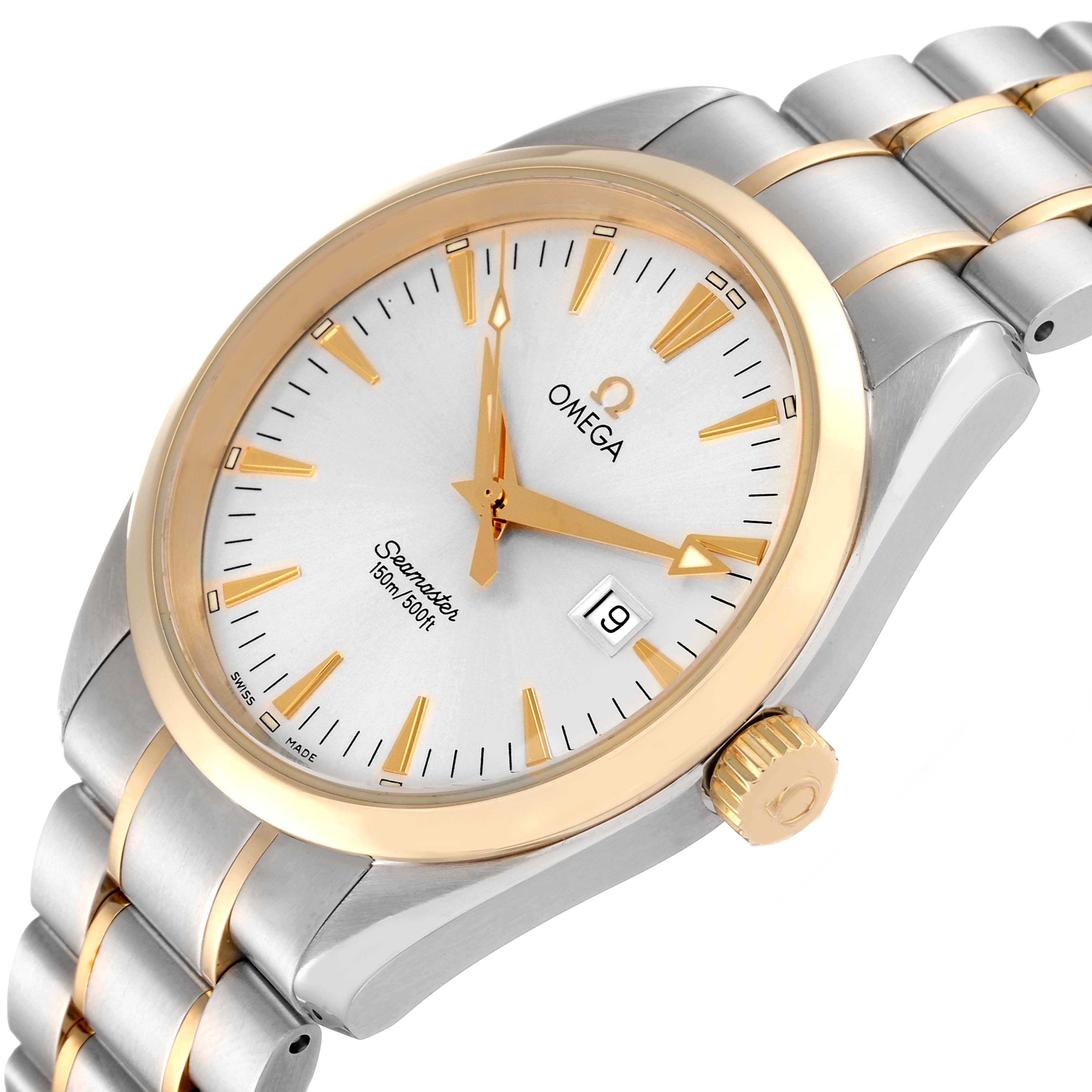 The image shows an Omega Aqua Terra 2317.30.00 Men's Steel and Gold (two tone) Silver Dial 2317.30.00 Men's Steel and Gold (two tone) Silver Dial watch at a slight angle, highlighting the dial, crown, and part of the bracelet.