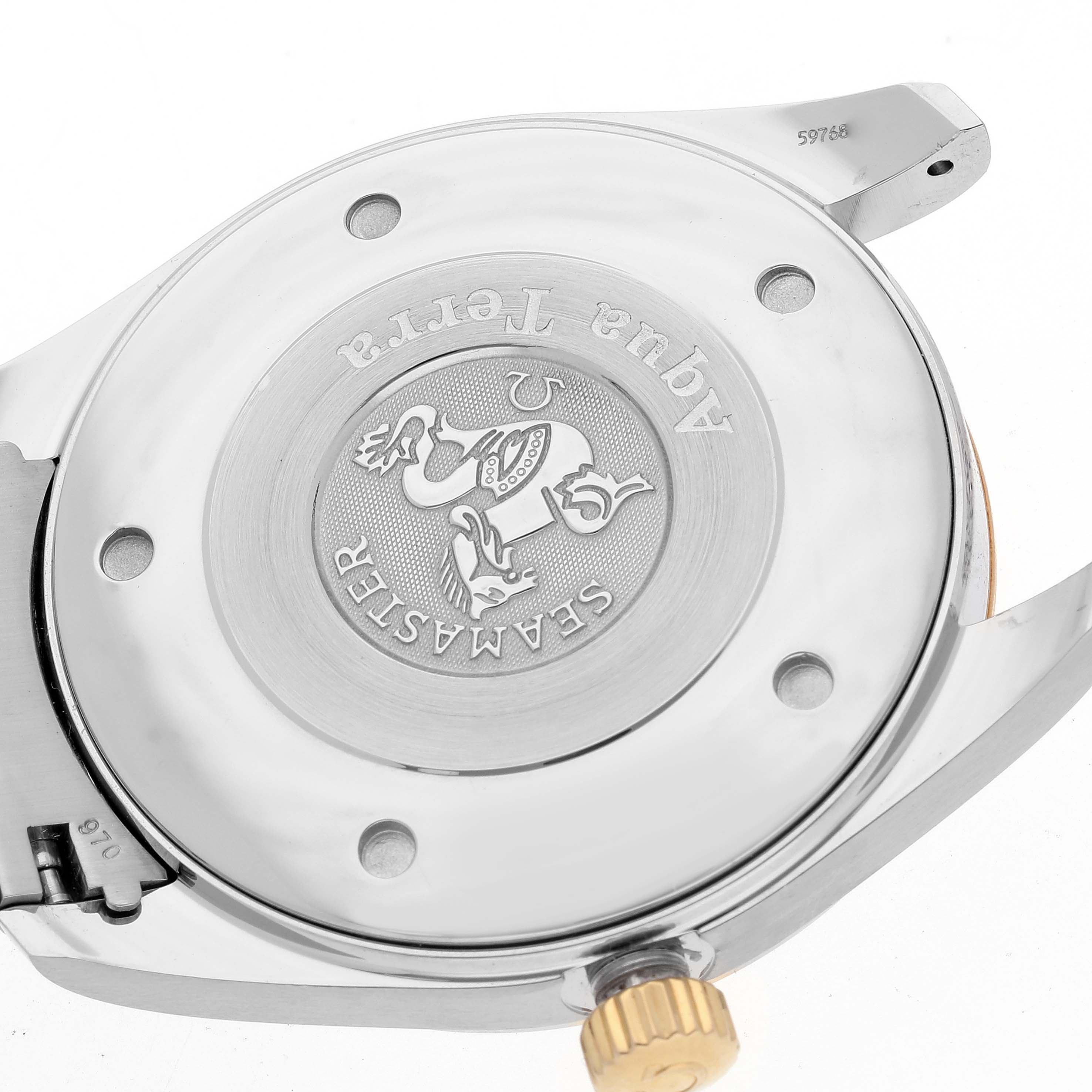 This image shows the case back of the Omega Aqua Terra 2317.30.00 Men's Steel and Gold (two tone) Silver Dial 2317.30.00 Men's Steel and Gold (two tone) Silver Dial watch, displaying the Seamaster emblem and engravings.