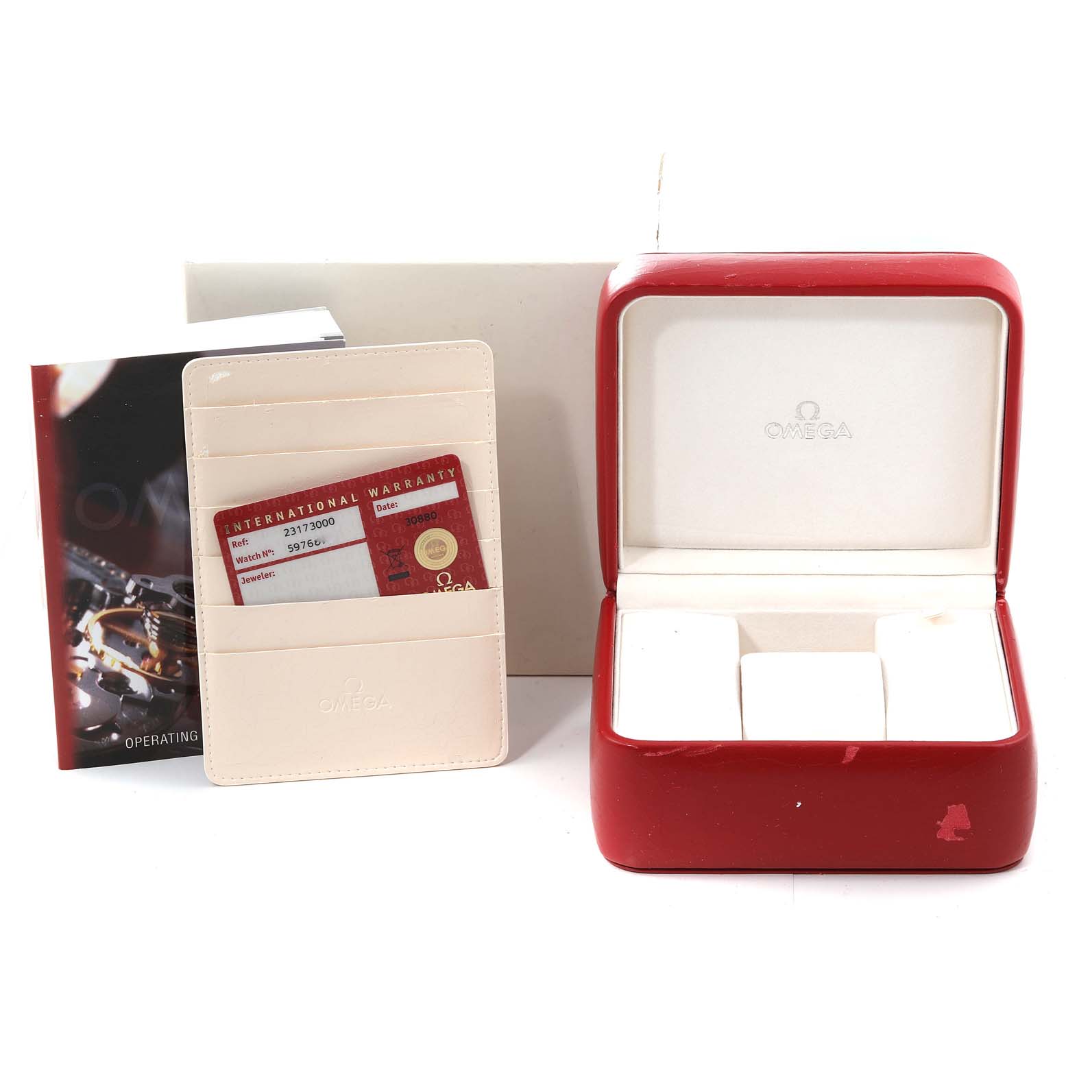 This image shows the packaging, warranty card, and carrying case for the Omega Aqua Terra 2317.30.00 Men's Steel and Gold (two tone) Silver Dial 2317.30.00 Men's Steel and Gold (two tone) Silver Dial watch.