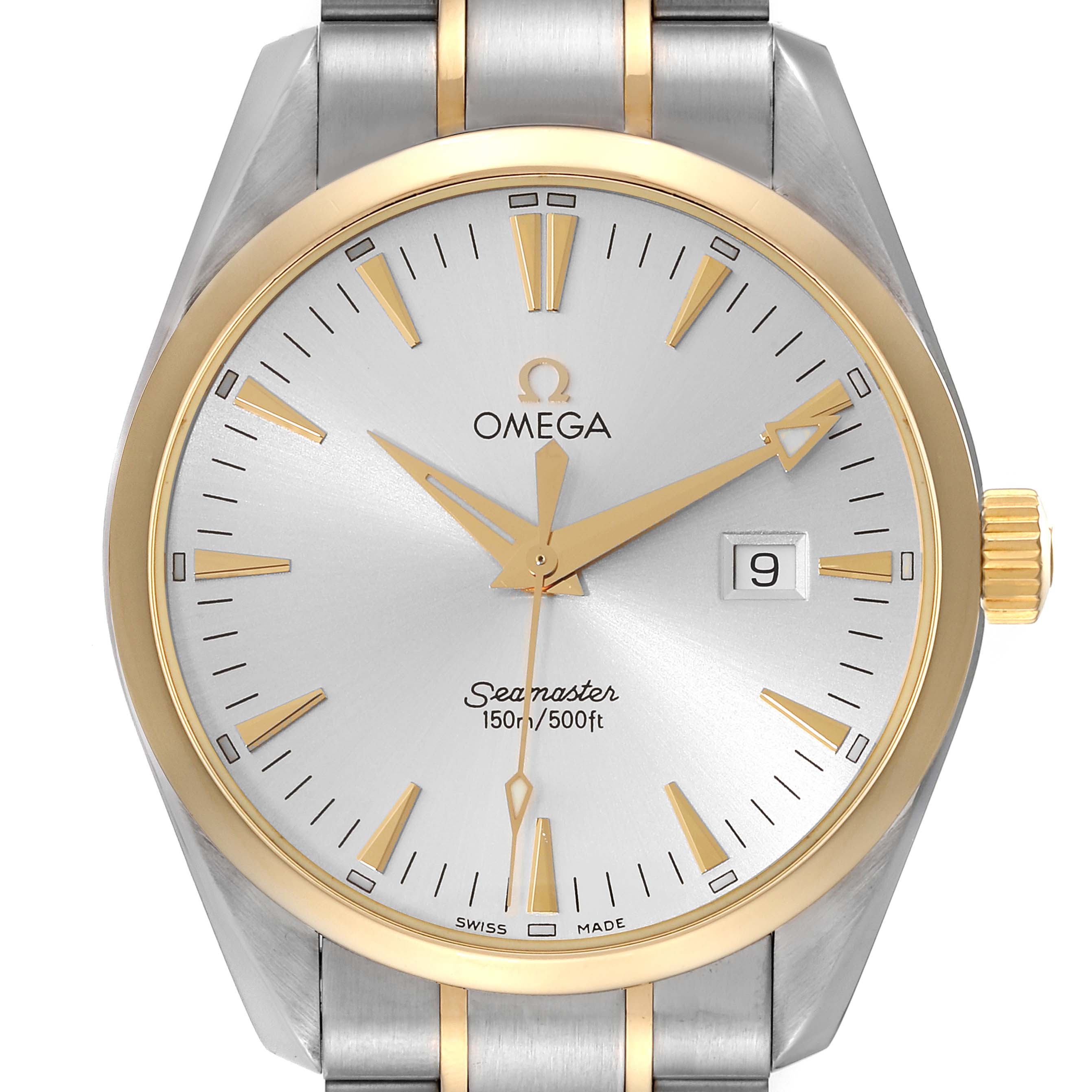 The image shows the front view of an Omega Aqua Terra 2317.30.00 Men's Steel and Gold (two tone) Silver Dial 2317.30.00 Men's Steel and Gold (two tone) Silver Dial model watch, highlighting its dial, hands, crown, and bracelet.