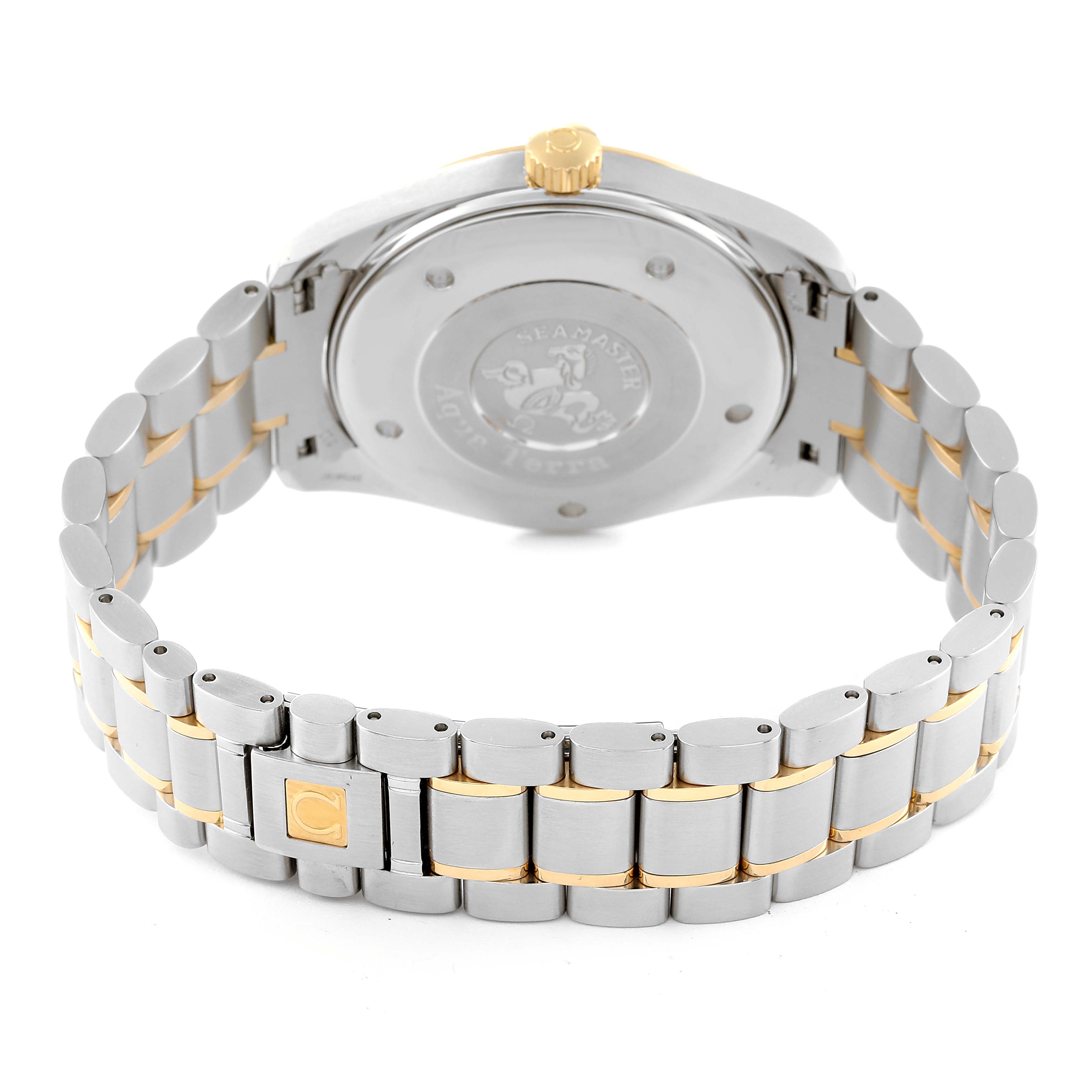This image shows the back and bracelet of the Omega Aqua Terra 2317.30.00 Men's Steel and Gold (two tone) Silver Dial 2317.30.00 Men's Steel and Gold (two tone) Silver Dial watch from a rear angle.