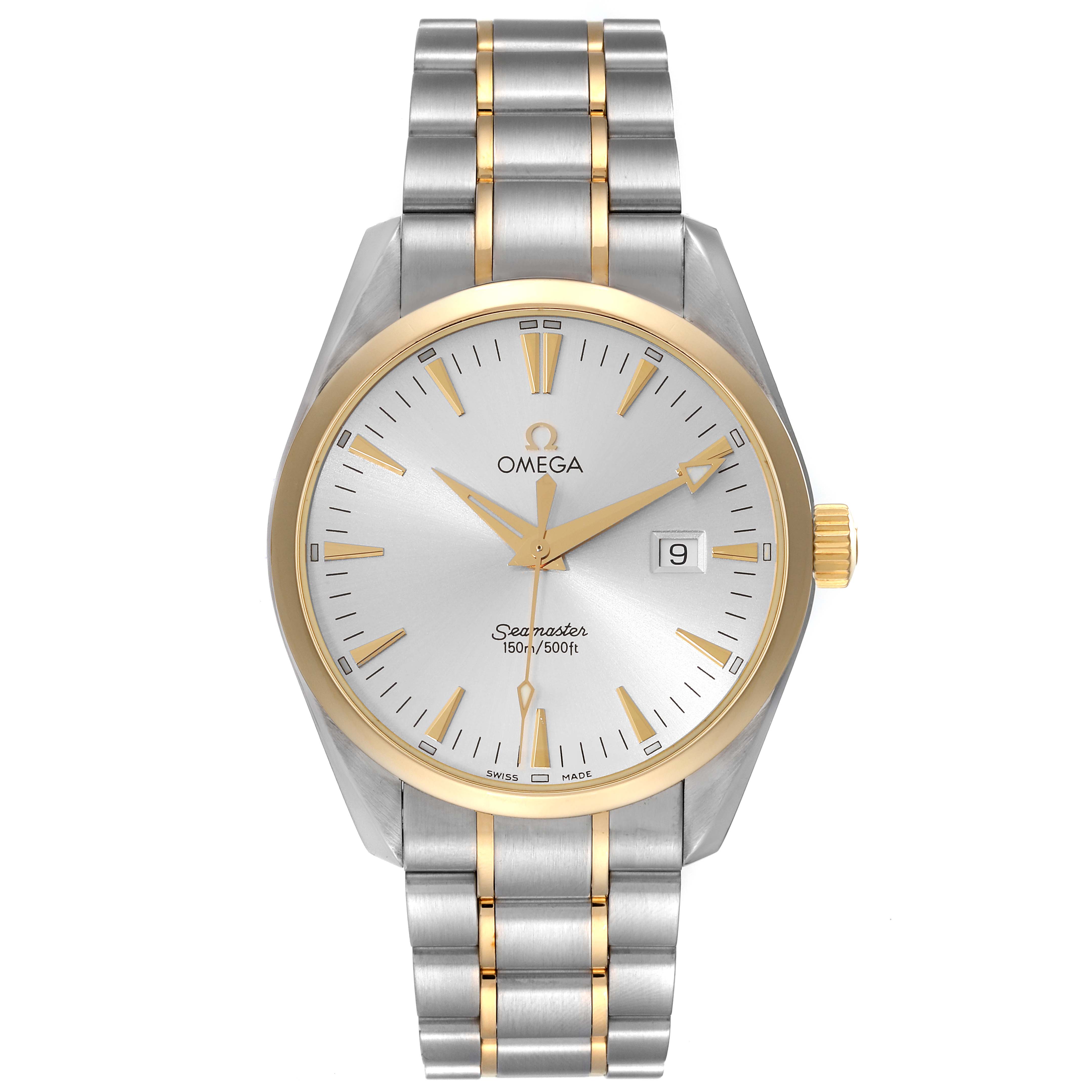 The Omega Aqua Terra 2317.30.00 Men's Steel and Gold (two tone) Silver Dial 2317.30.00 Men's Steel and Gold (two tone) Silver Dial Seamaster watch is shown from the front, displaying its dial and metal bracelet.