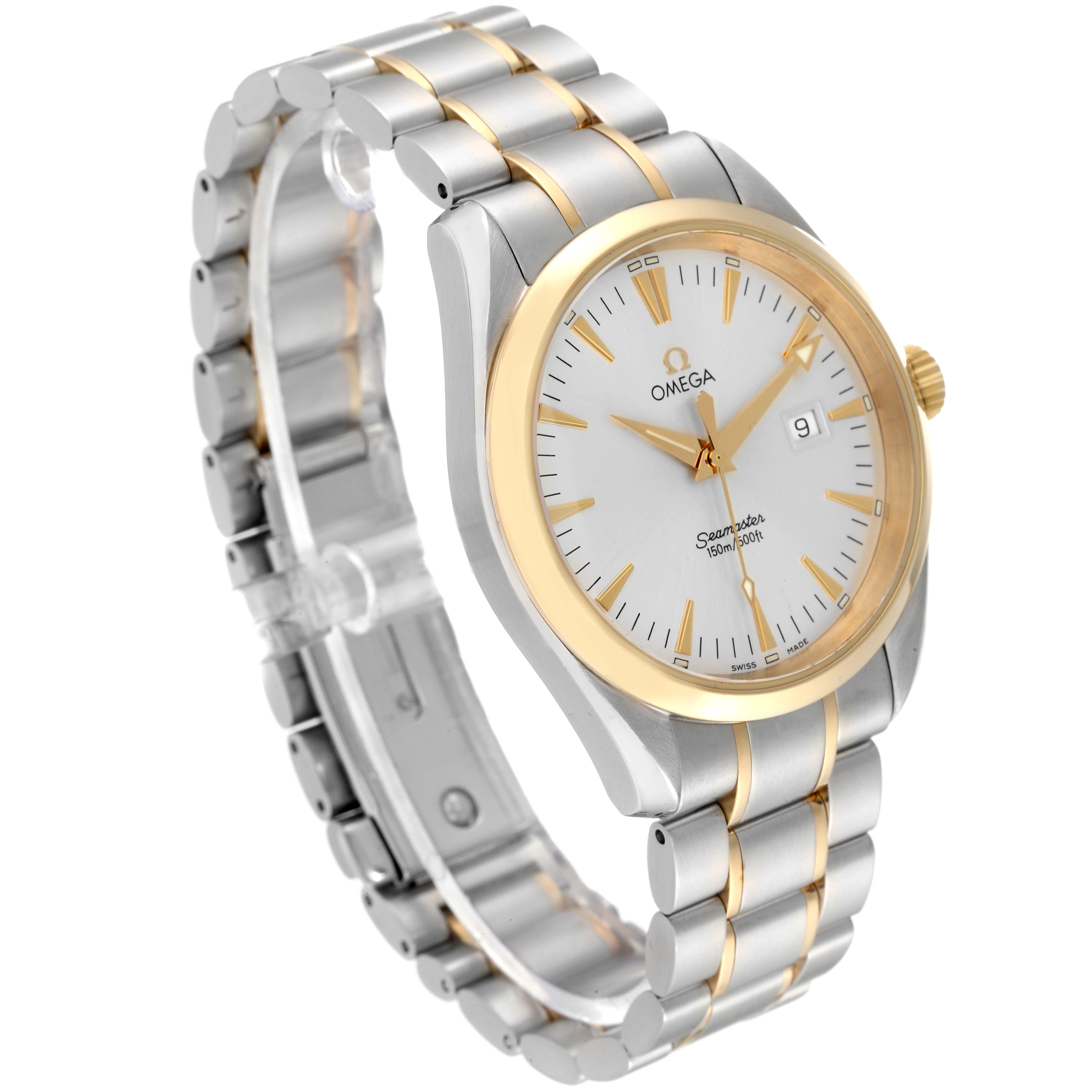 The Omega Aqua Terra 2317.30.00 Men's Steel and Gold (two tone) Silver Dial 2317.30.00 Men's Steel and Gold (two tone) Silver Dial watch is shown from a front-side angle, highlighting the dial, bezel, crown, and bracelet.