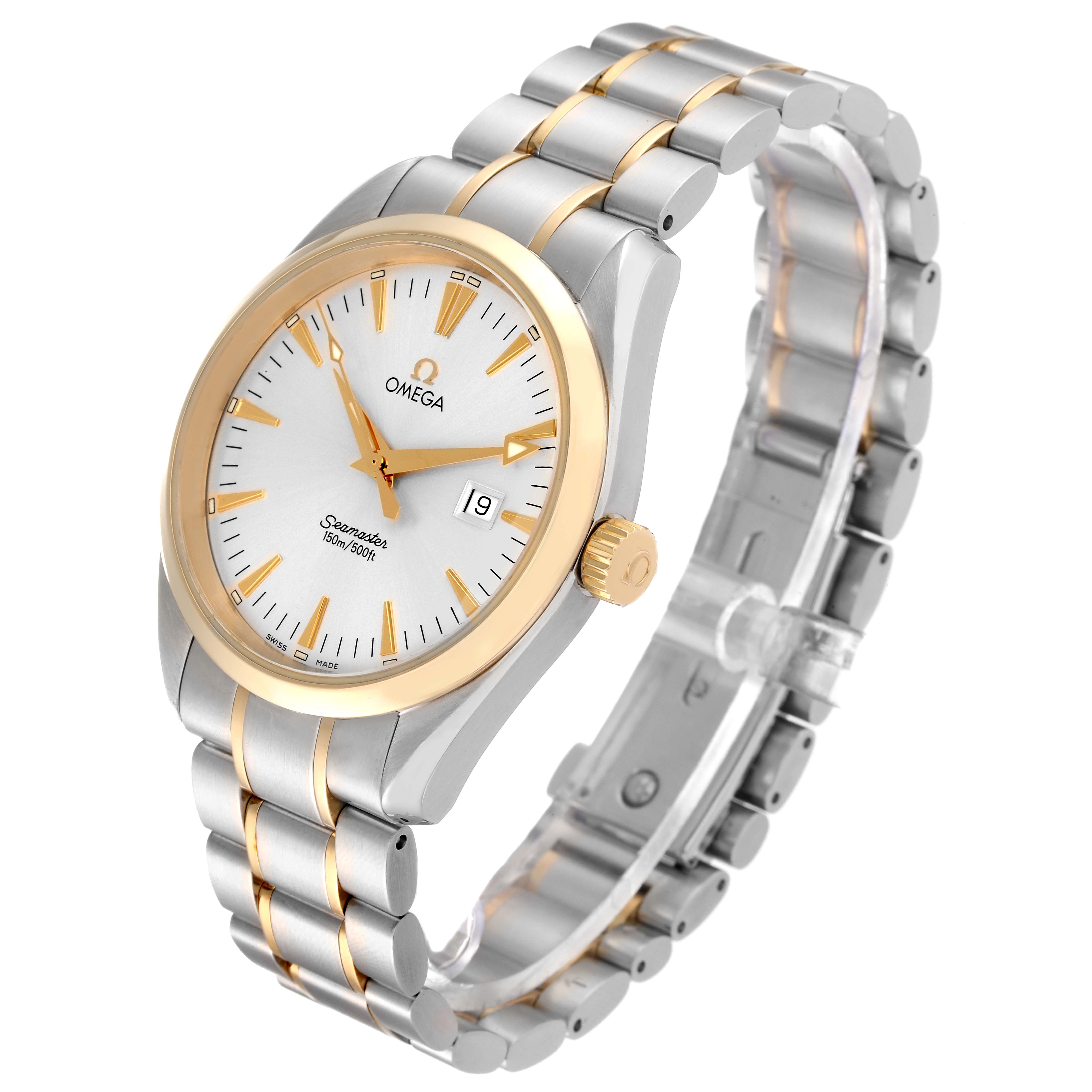 The image shows a side-angle view of the Omega Aqua Terra 2317.30.00 Men's Steel and Gold (two tone) Silver Dial 2317.30.00 Men's Steel and Gold (two tone) Silver Dial watch, highlighting the face, crown, and part of the bracelet.
