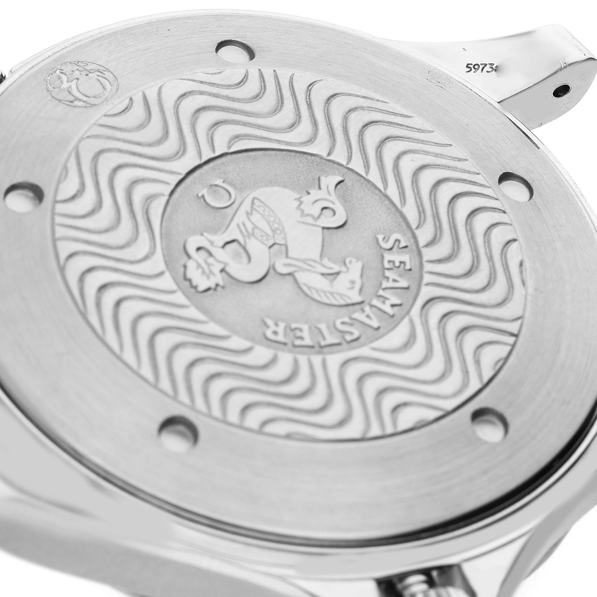 The image shows the back case of an Omega Seamaster 2541.80.00 Men's Stainless Steel Blue Dial 2541.80.00 Men's Stainless Steel Blue Dial watch with detailed engravings.