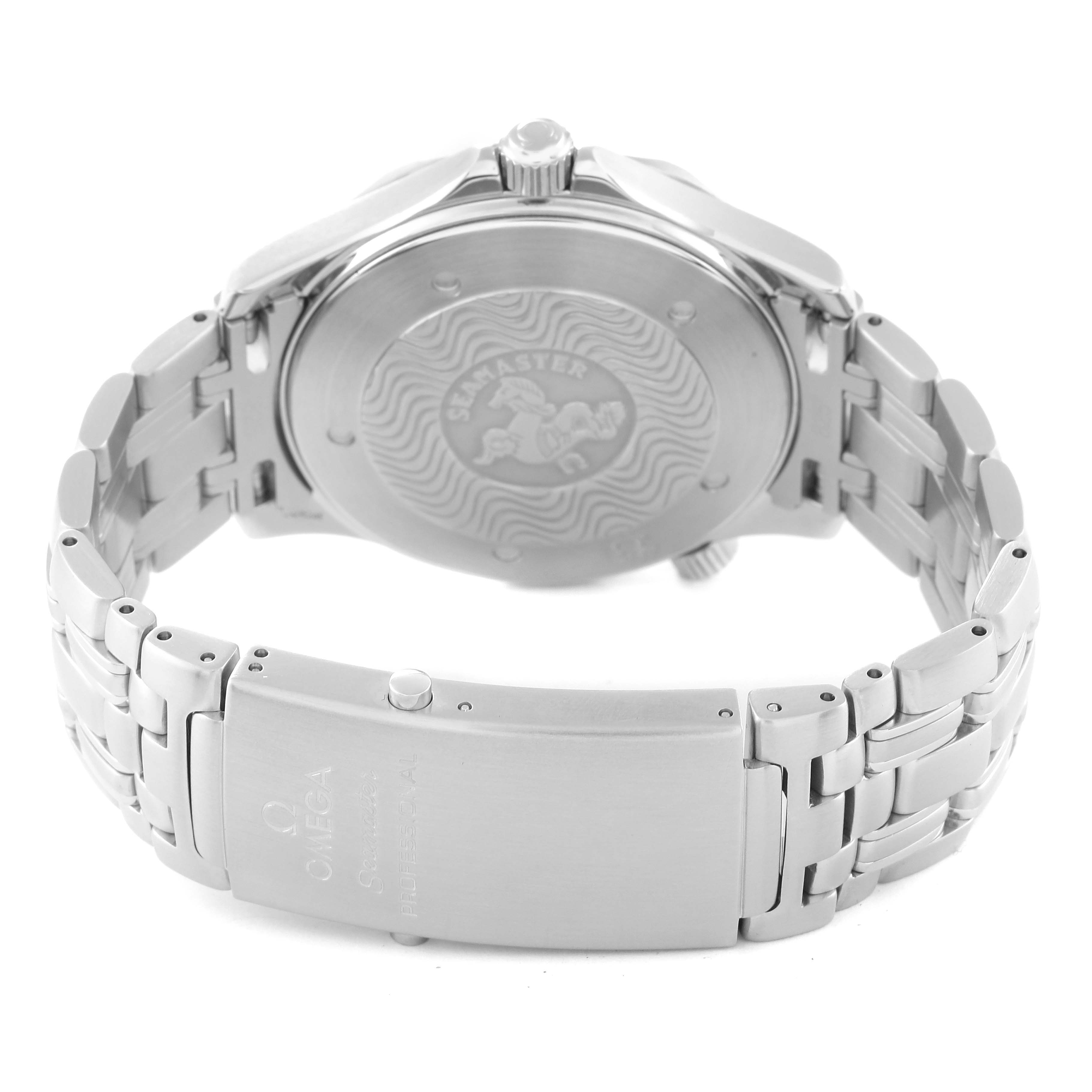 The image shows the rear view of an Omega Seamaster 2541.80.00 Men's Stainless Steel Blue Dial 2541.80.00 Men's Stainless Steel Blue Dial watch, highlighting its case back and stainless steel bracelet with the clasp.