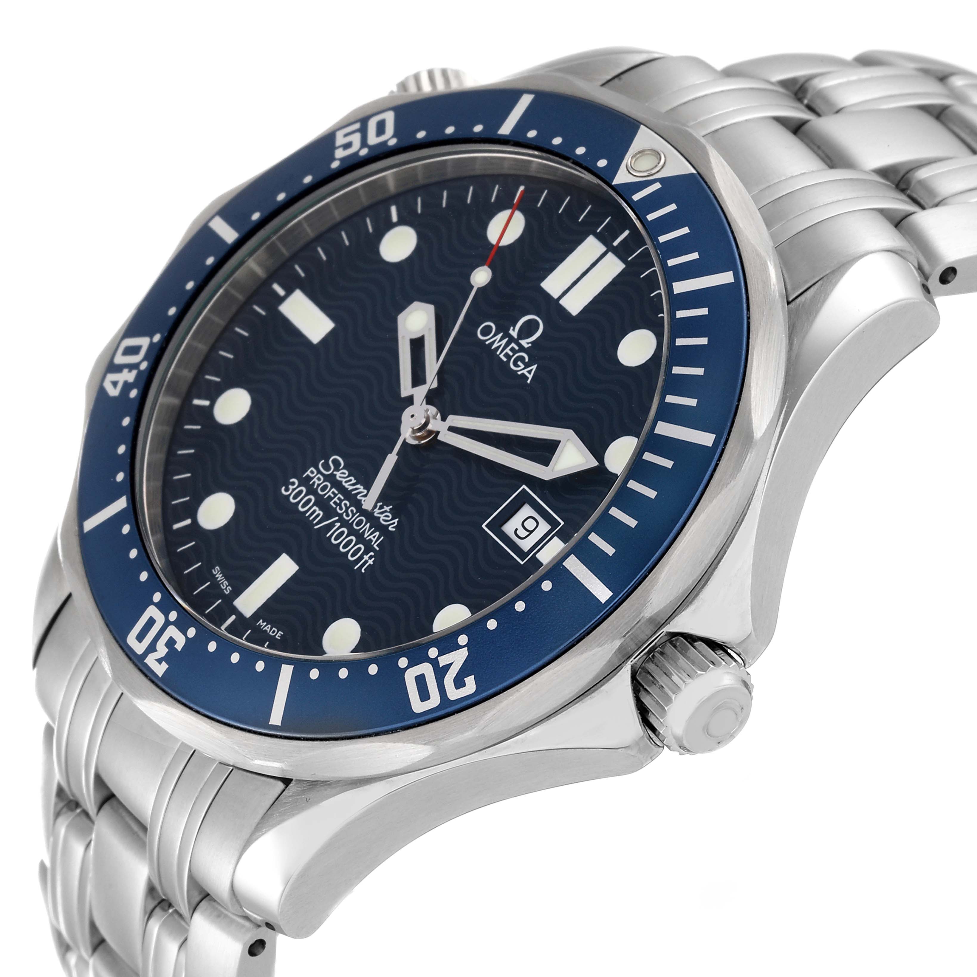 The Omega Seamaster 2541.80.00 Men's Stainless Steel Blue Dial 2541.80.00 Men's Stainless Steel Blue Dial watch is shown from a three-quarter view, highlighting its blue dial, bezel, and stainless steel bracelet.