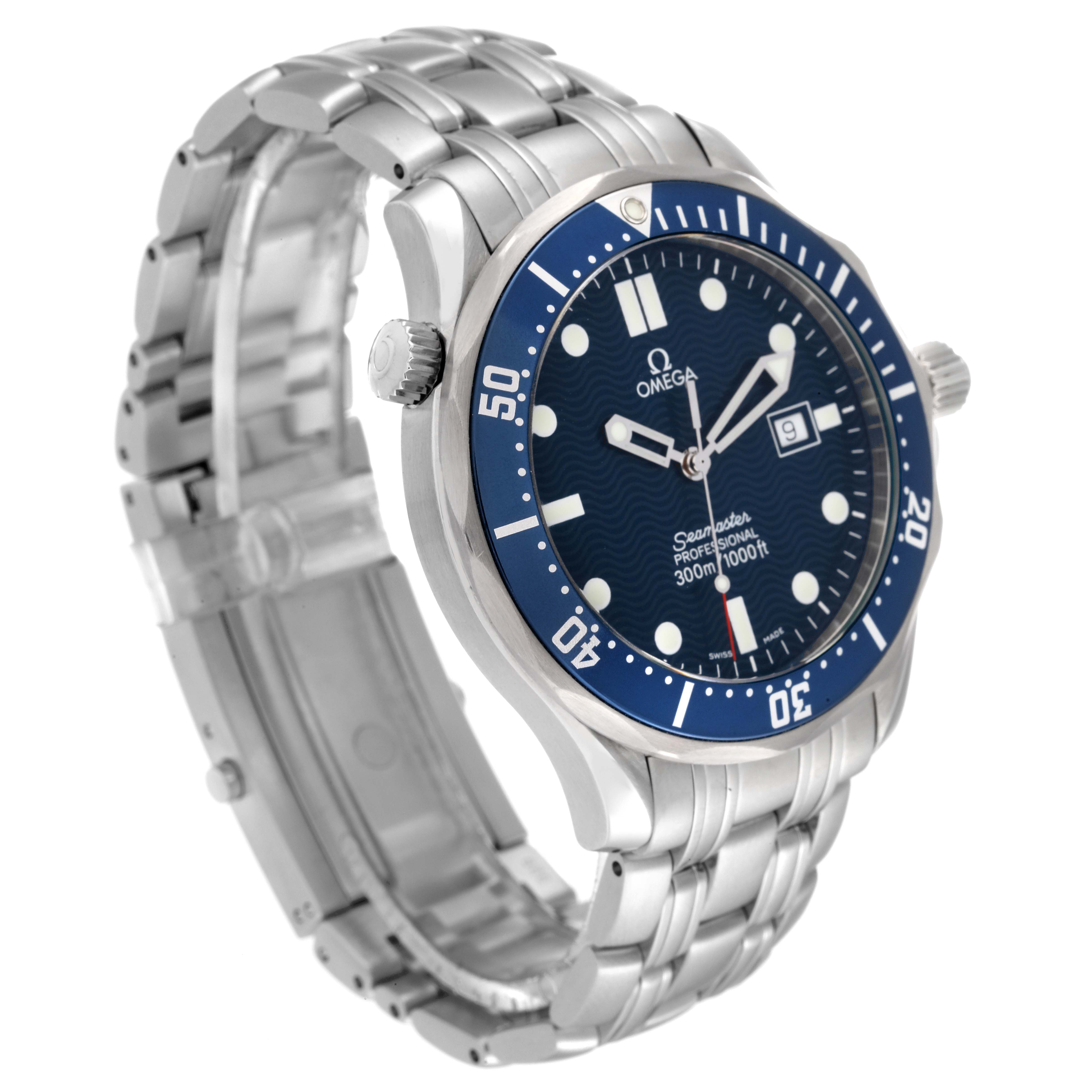 The Omega Seamaster 2541.80.00 Men's Stainless Steel Blue Dial 2541.80.00 Men's Stainless Steel Blue Dial watch is shown from an angled side view, highlighting the stainless steel bracelet, bezel, and dial.