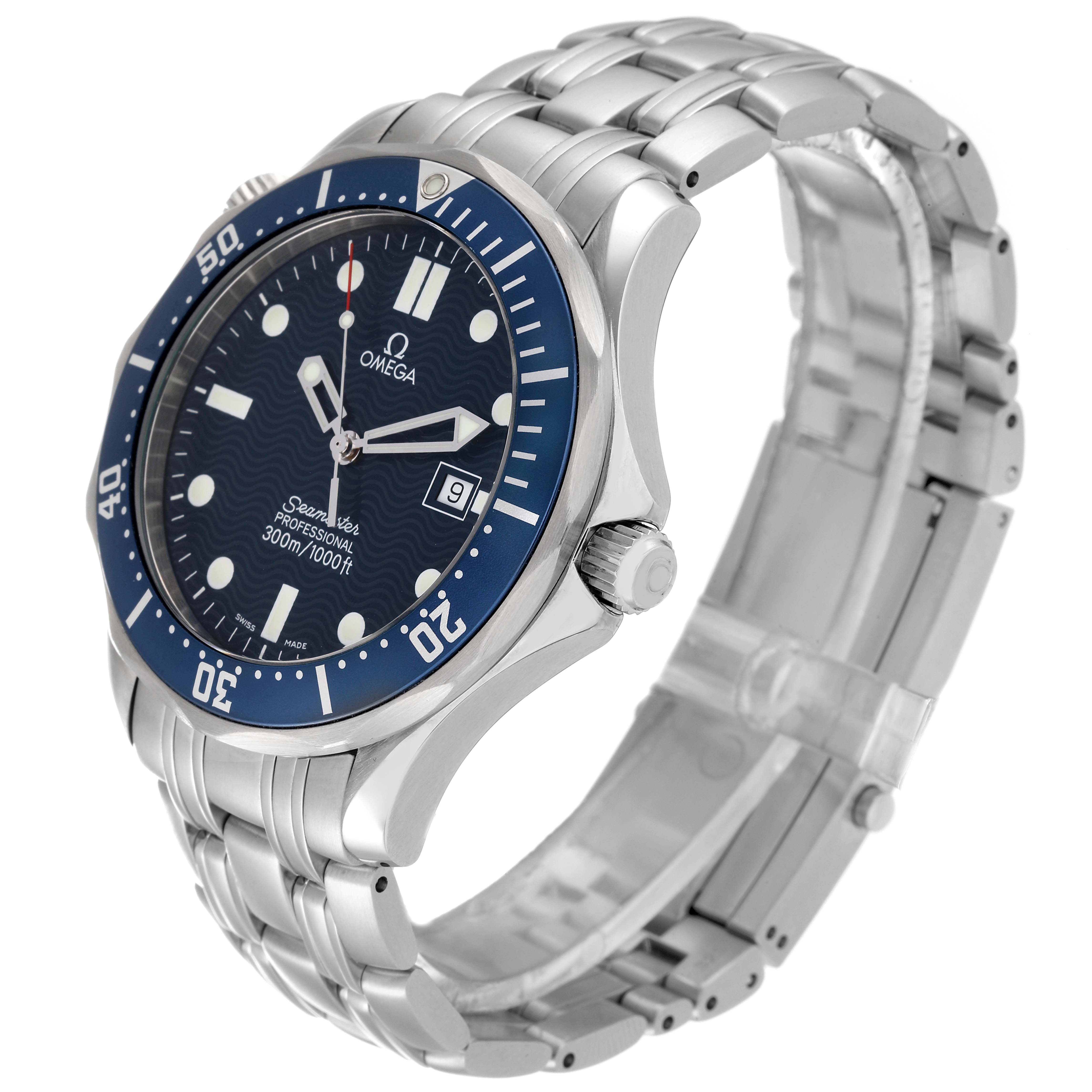 The image shows an Omega Seamaster 2541.80.00 Men's Stainless Steel Blue Dial 2541.80.00 Men's Stainless Steel Blue Dial watch from a three-quarter angle, displaying the face, bezel, crown, and stainless steel bracelet.