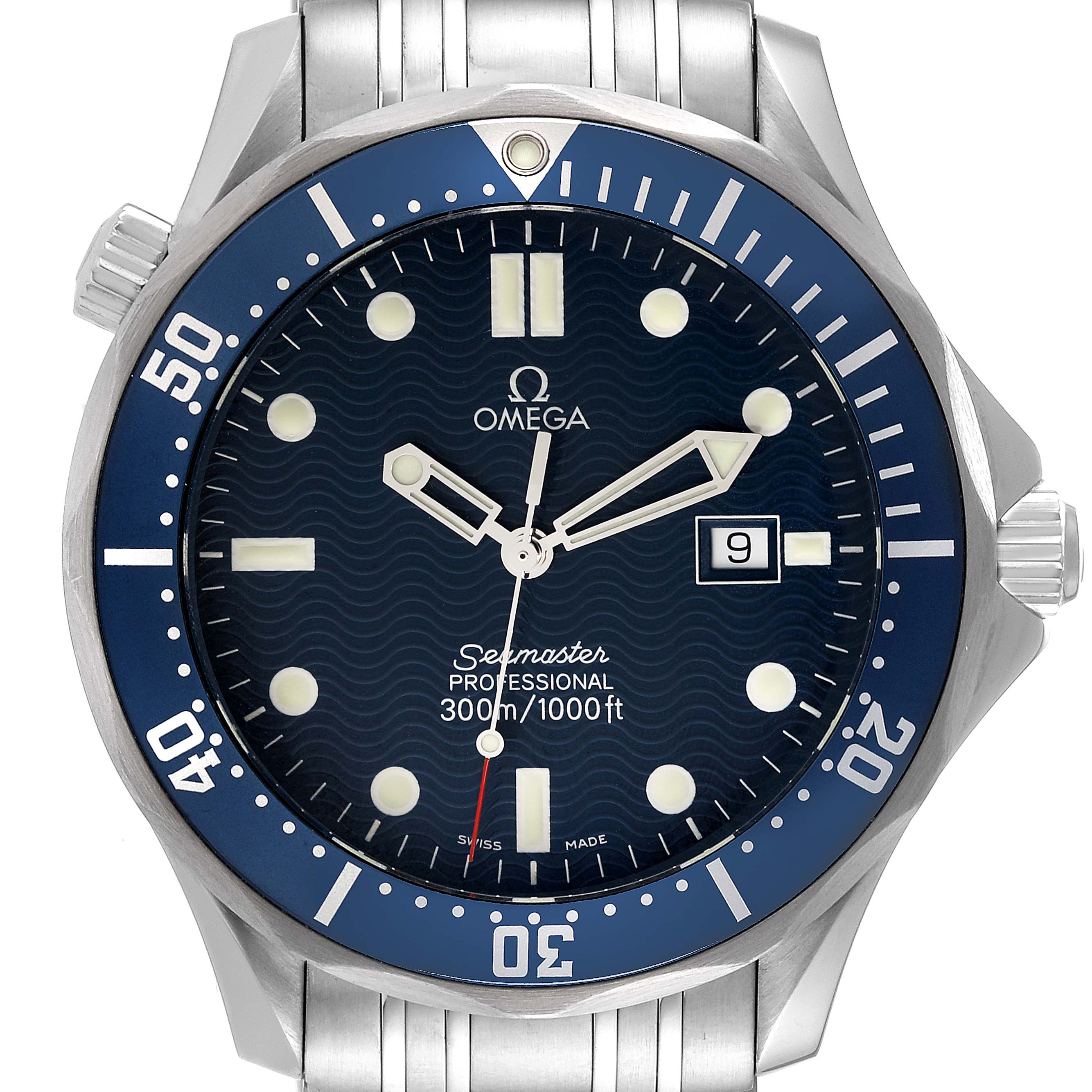 The Omega Seamaster 2541.80.00 Men's Stainless Steel Blue Dial 2541.80.00 Men's Stainless Steel Blue Dial watch is shown from a front angle highlighting the dial, bezel, and crown.