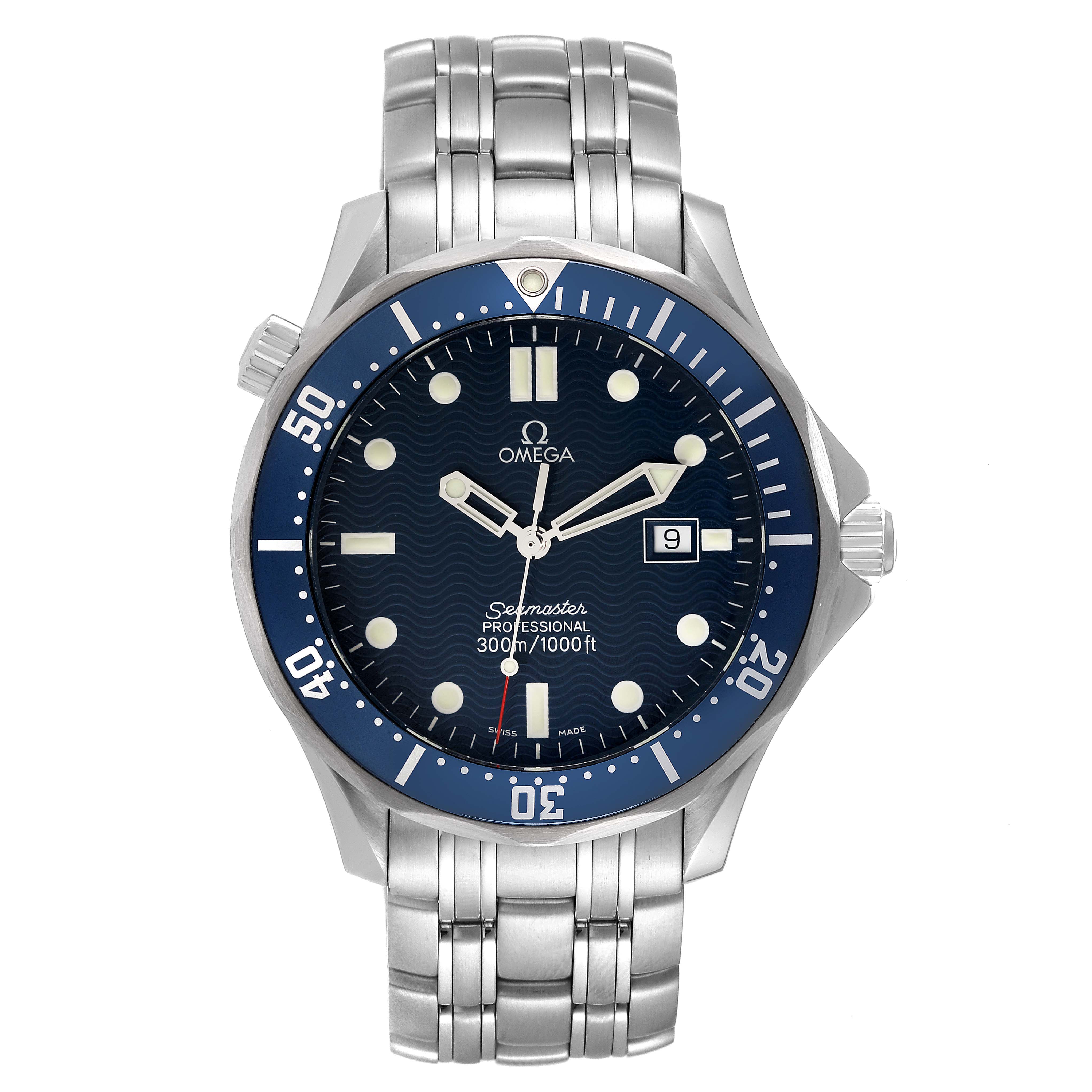 The image shows a front view of the Omega Seamaster 2541.80.00 Men's Stainless Steel Blue Dial 2541.80.00 Men's Stainless Steel Blue Dial model watch, displaying its face, bezel, hands, and stainless steel bracelet.