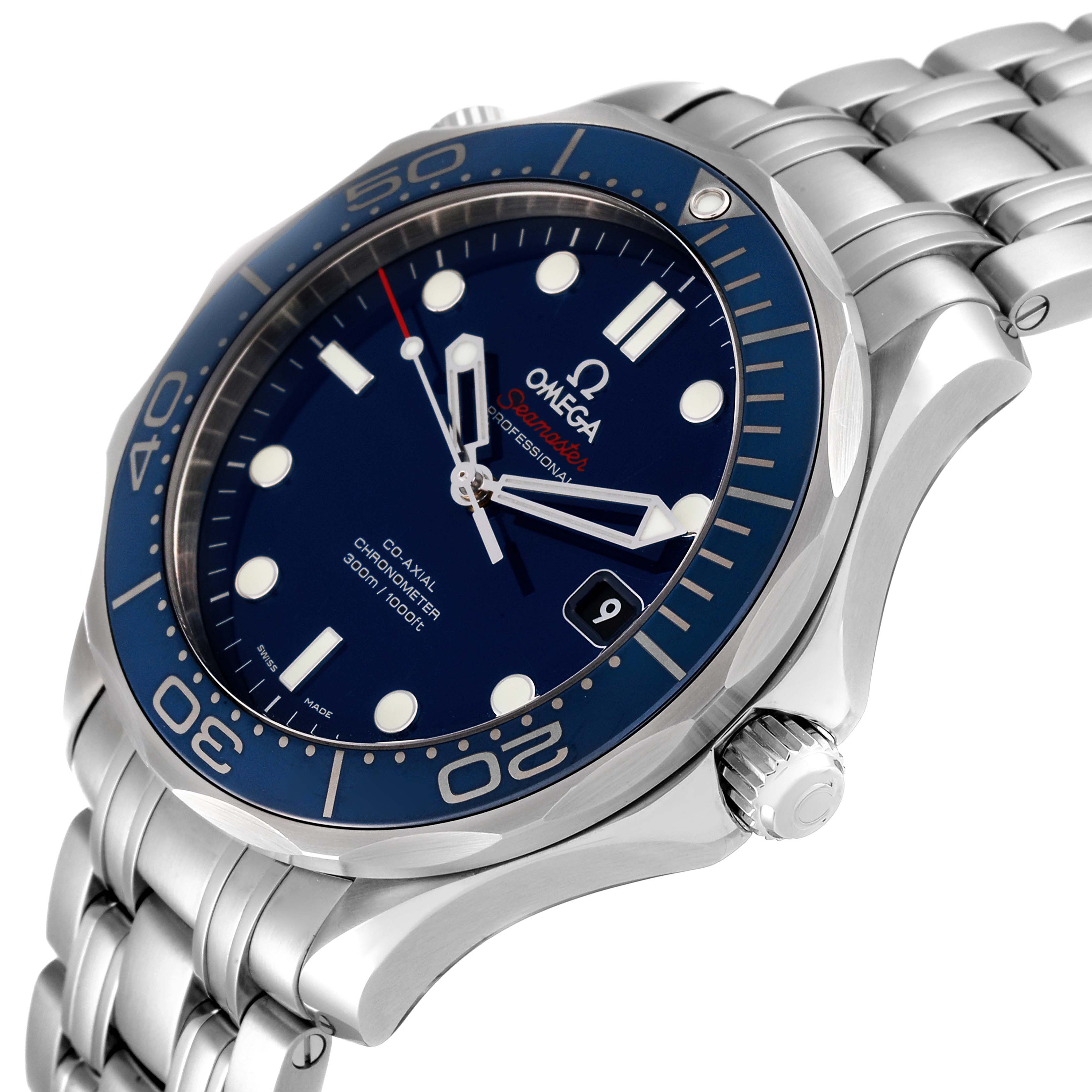 The image shows a side angle of the Omega Seamaster 212.30.41.20.03.001 Men's Stainless Steel Blue Dial 212.30.41.20.03.001 Men's Stainless Steel Blue Dial watch, highlighting the dial, bezel, crown, and partially the bracelet.