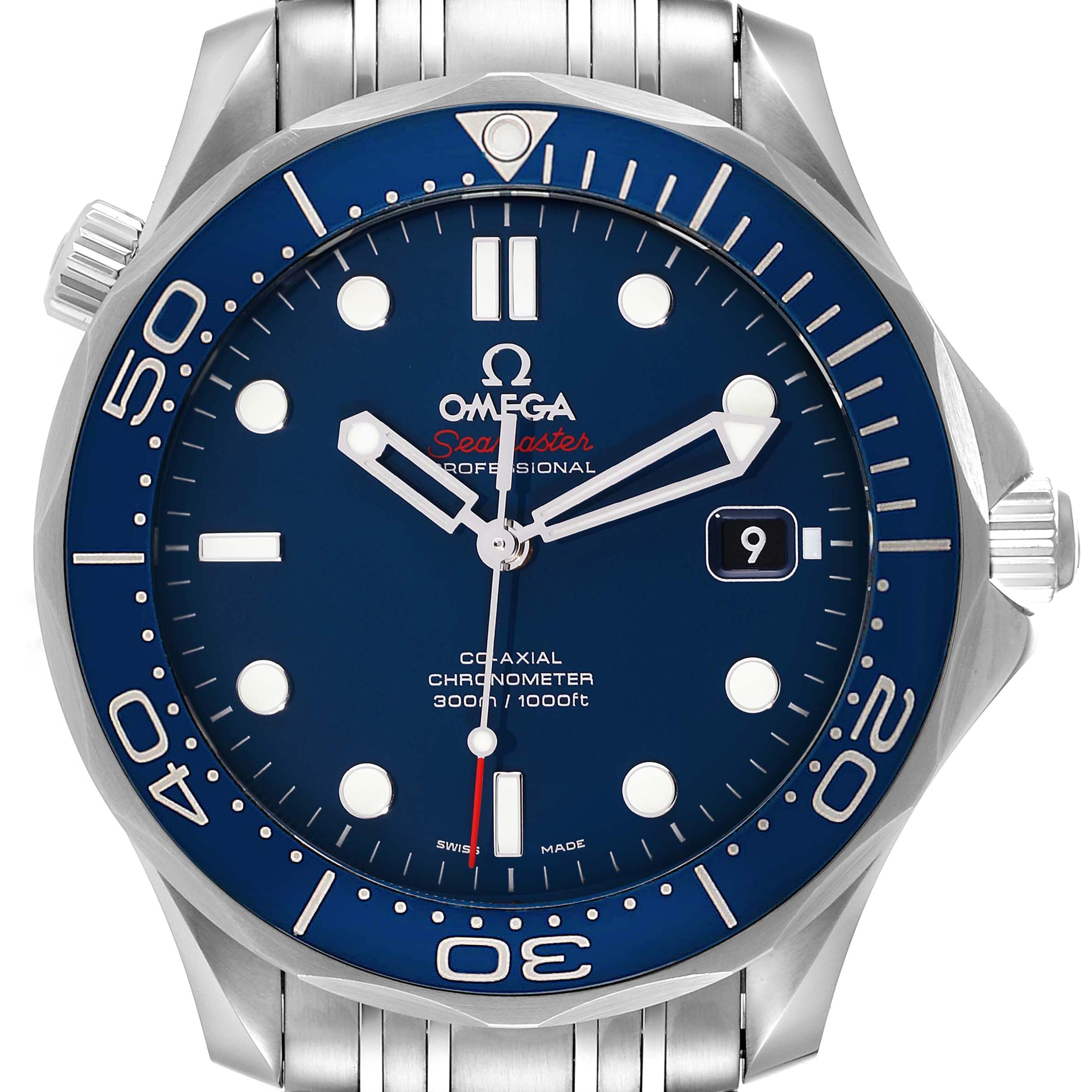 The image shows a front view of the Omega Seamaster 212.30.41.20.03.001 Men's Stainless Steel Blue Dial 212.30.41.20.03.001 Men's Stainless Steel Blue Dial, displaying the dial, bezel, crown, and part of the bracelet.