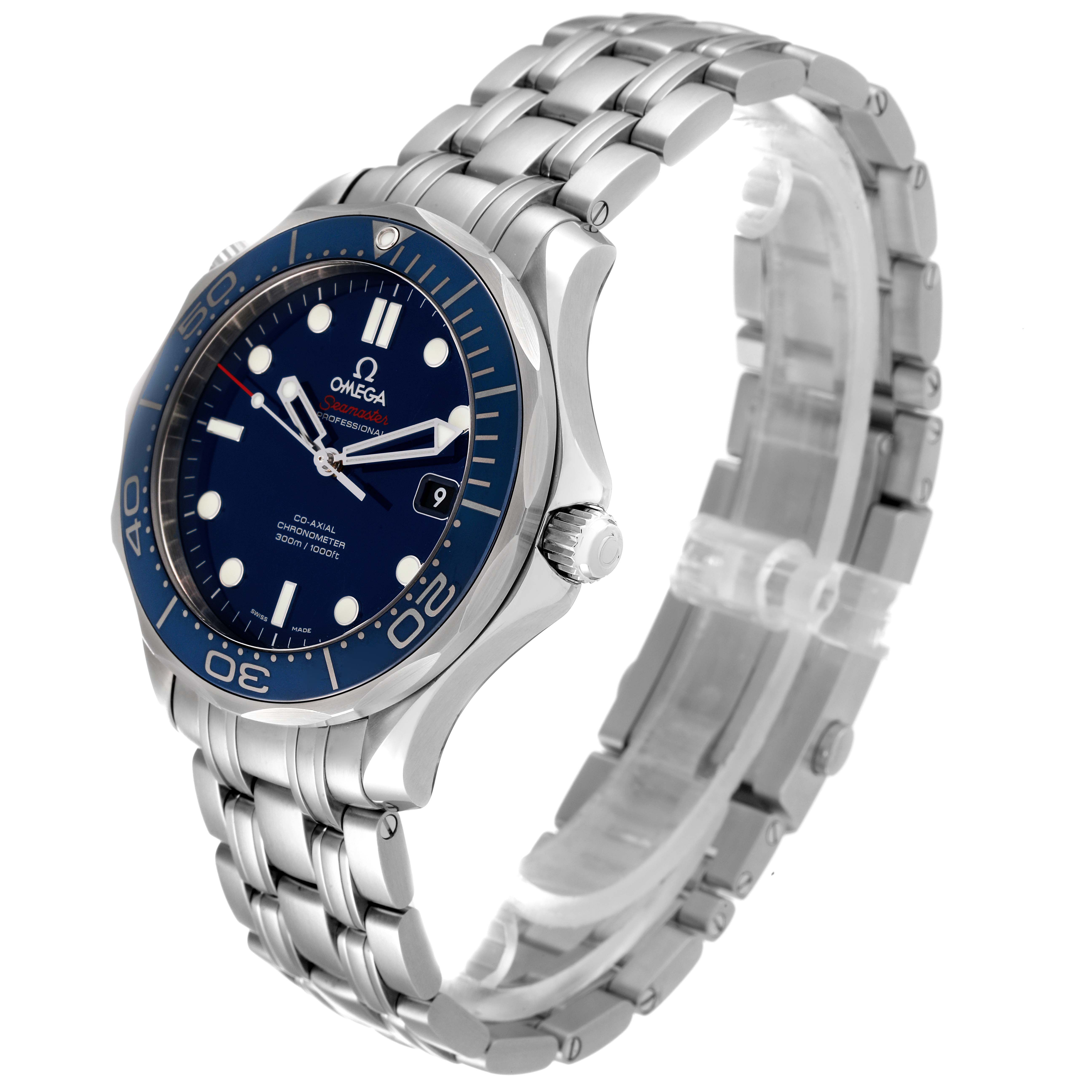 The image shows an angled view of the Omega Seamaster 212.30.41.20.03.001 Men's Stainless Steel Blue Dial 212.30.41.20.03.001 Men's Stainless Steel Blue Dial watch, highlighting its face, bezel, and metal bracelet.