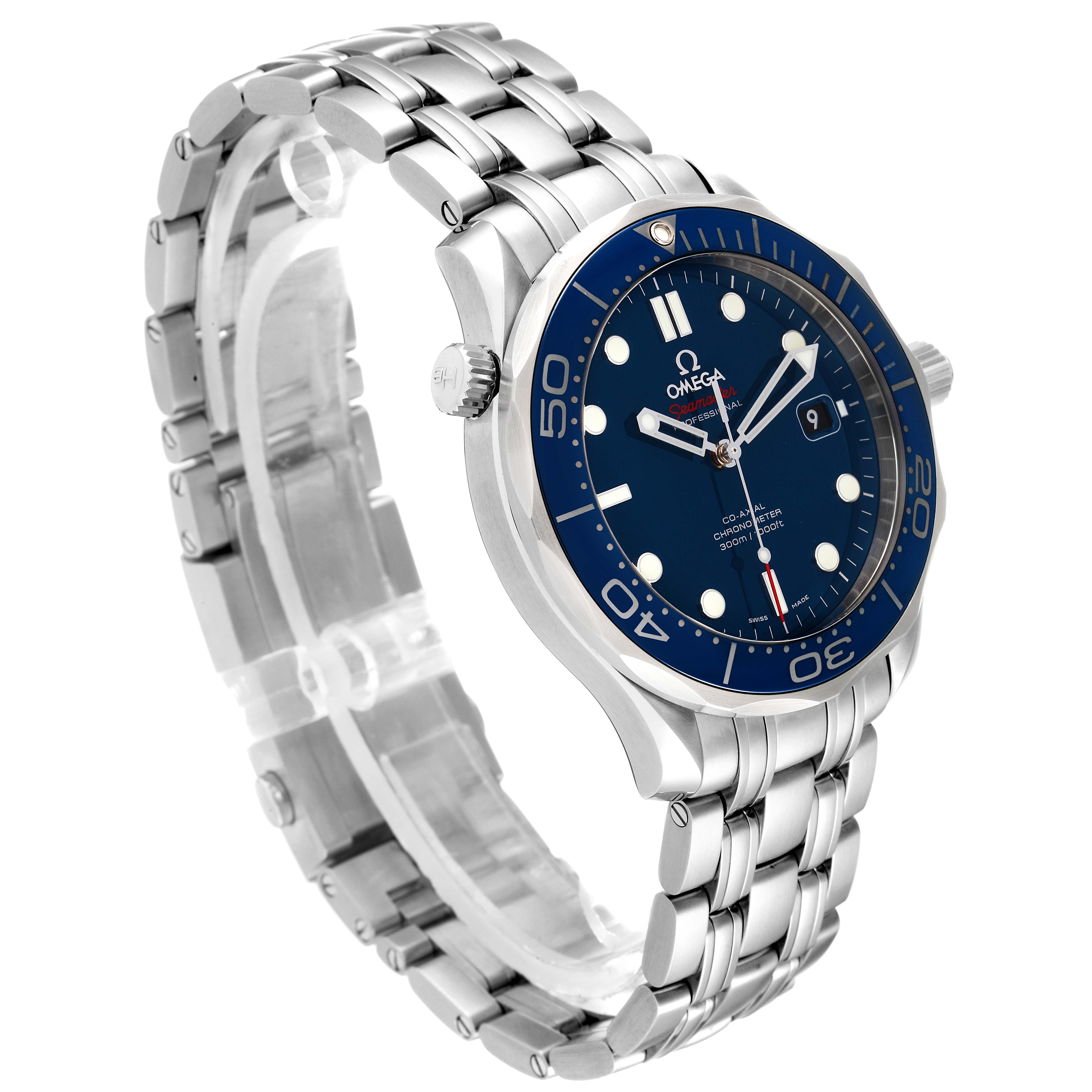 This Omega Seamaster 212.30.41.20.03.001 Men's Stainless Steel Blue Dial 212.30.41.20.03.001 Men's Stainless Steel Blue Dial watch is shown at a three-quarter angle, displaying the bracelet, case, crown, and blue dial with bezel.