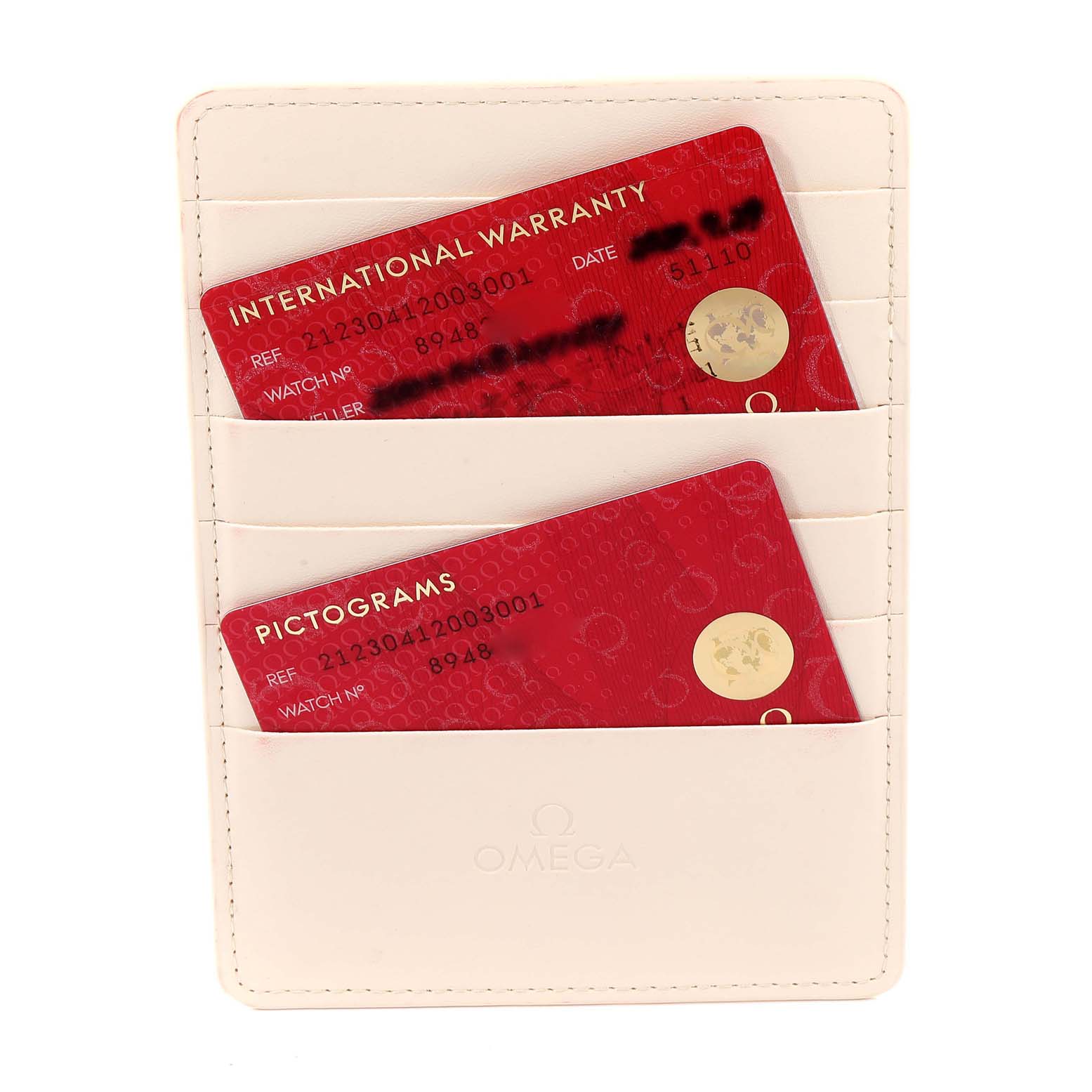 The image shows the international warranty and pictograms cards for the Omega Seamaster 212.30.41.20.03.001 Men's Stainless Steel Blue Dial 212.30.41.20.03.001 Men's Stainless Steel Blue Dial model, placed in a cardholder.