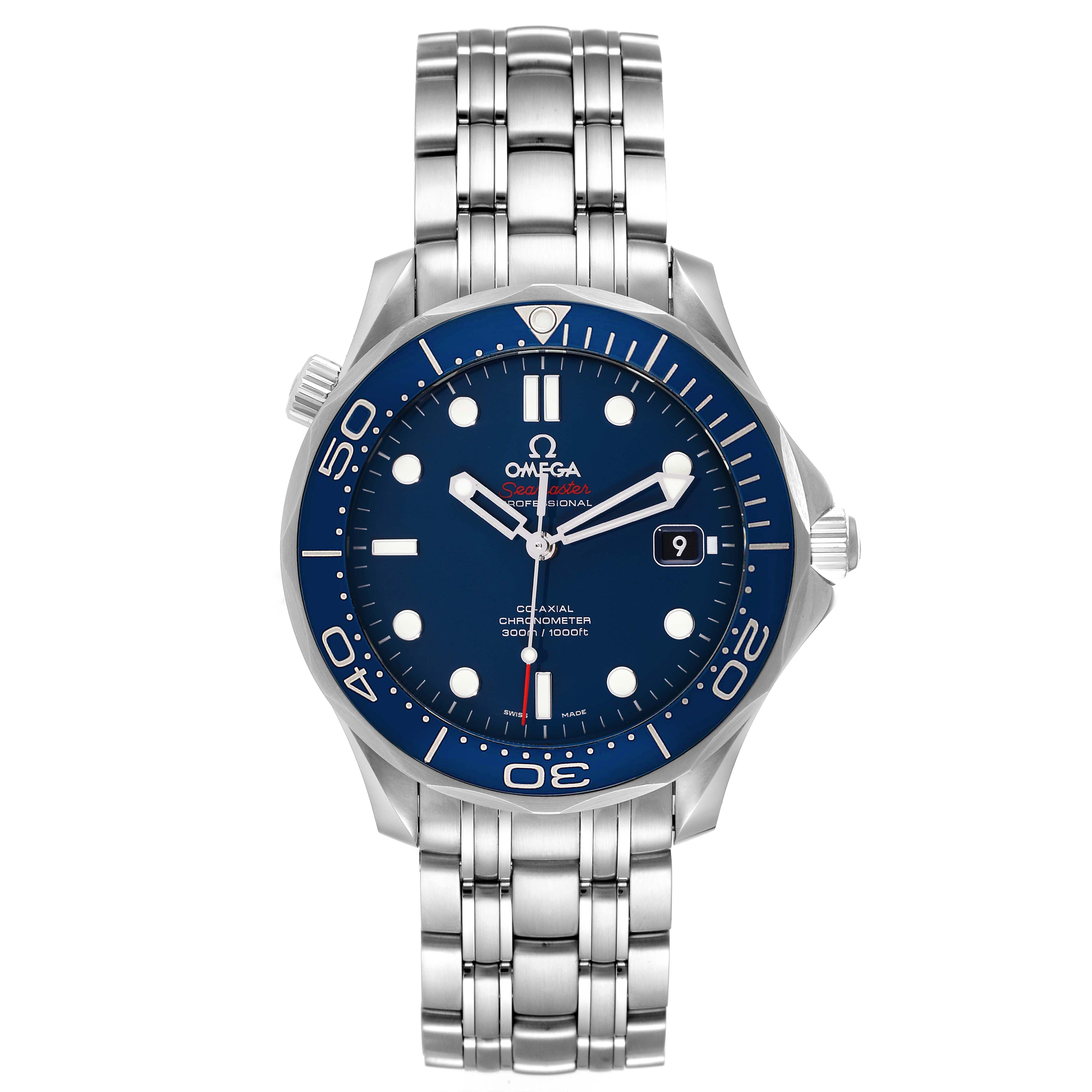 The image shows a front view of an Omega Seamaster 212.30.41.20.03.001 Men's Stainless Steel Blue Dial 212.30.41.20.03.001 Men's Stainless Steel Blue Dial watch featuring a blue dial, stainless steel bracelet, and rotating bezel.
