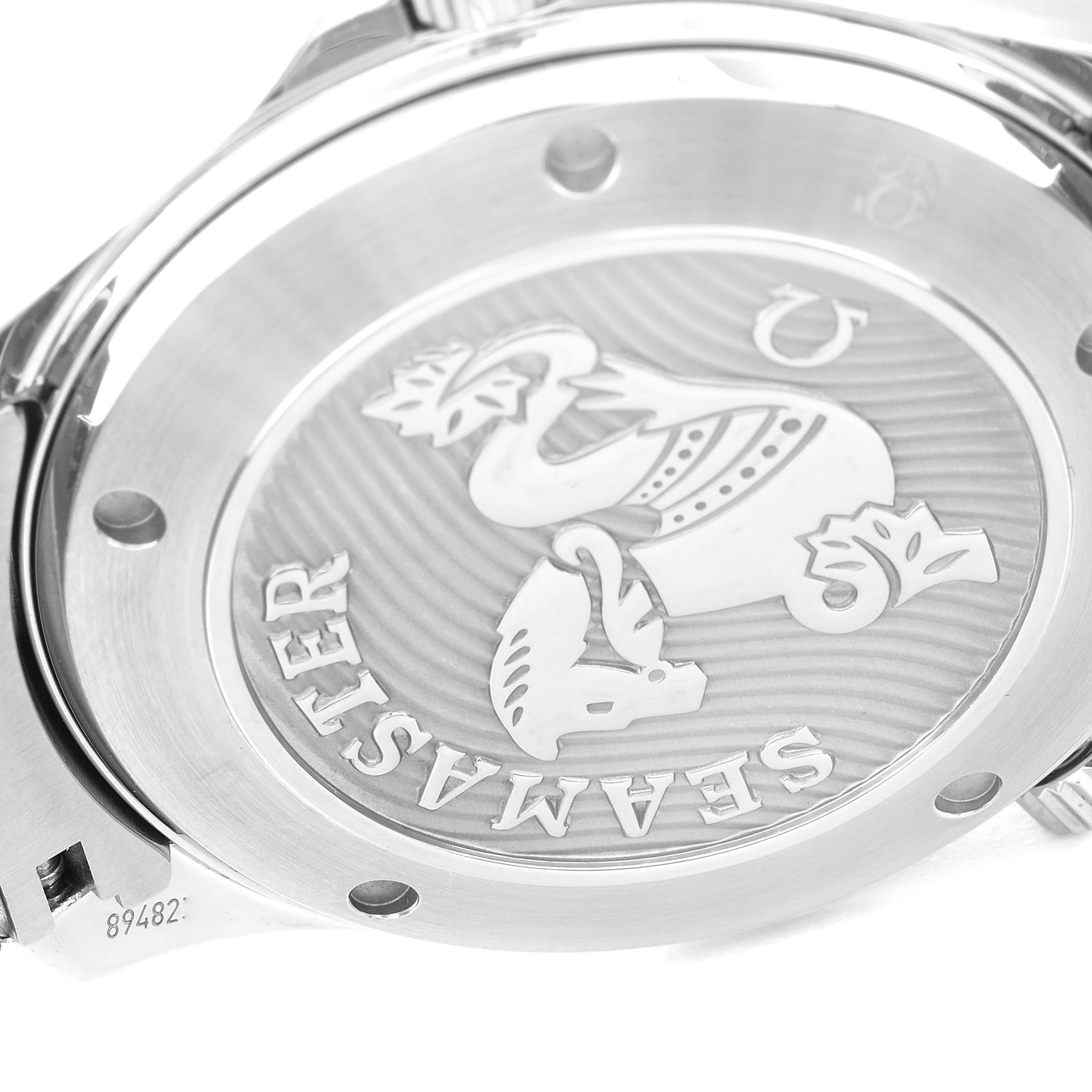 The image shows the back of an Omega Seamaster 212.30.41.20.03.001 Men's Stainless Steel Blue Dial 212.30.41.20.03.001 Men's Stainless Steel Blue Dial watch case with its engraved emblem and model name.