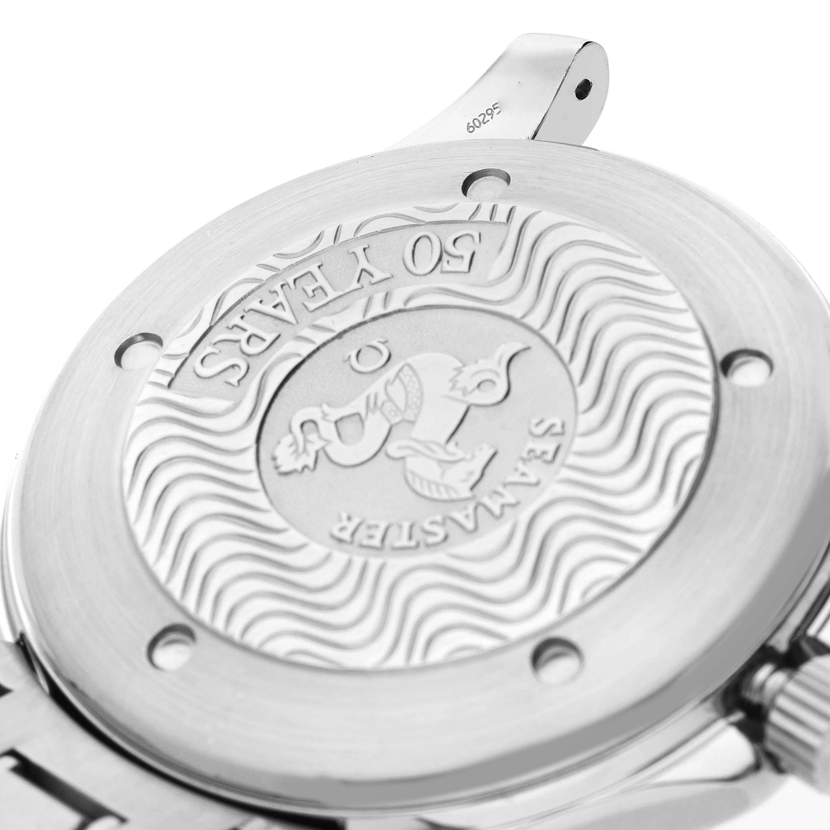 This image shows the engraved case back of an Omega Seamaster 2534.50.00 Men's Stainless Steel Black Dial 2534.50.00 Men's Stainless Steel Black Dial watch from a close-up, angled view.